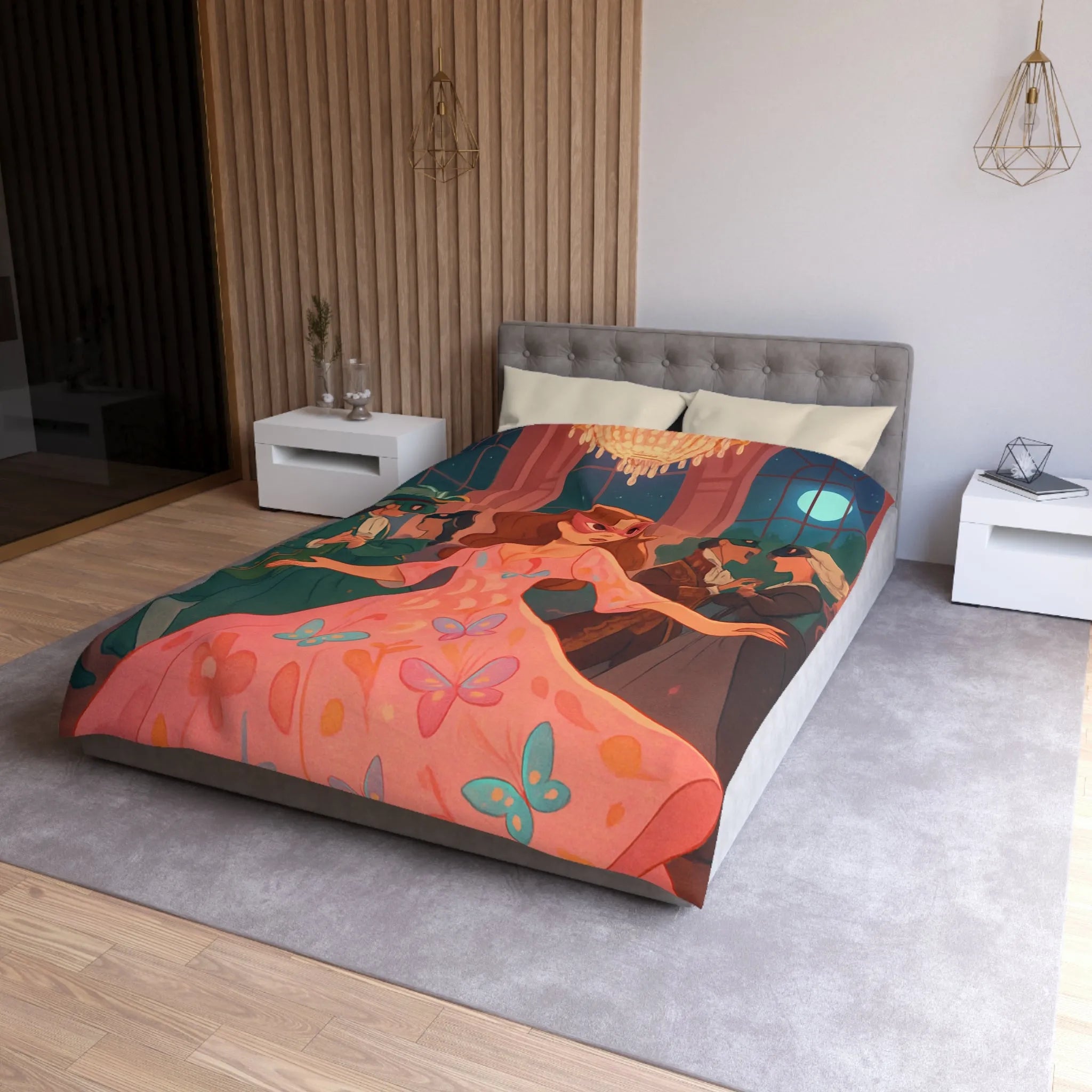 Housse de Couette Élégante avec Femmes Masquées et Papillons dans Bal Éthéré