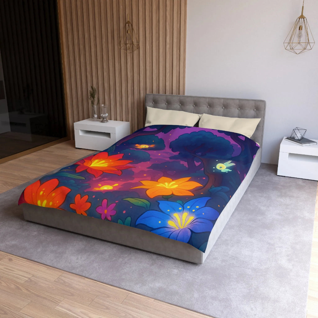 Housse de Couette avec Fleurs Lumineuses et Paysage Enchanté de Forêt Magique Nocturne