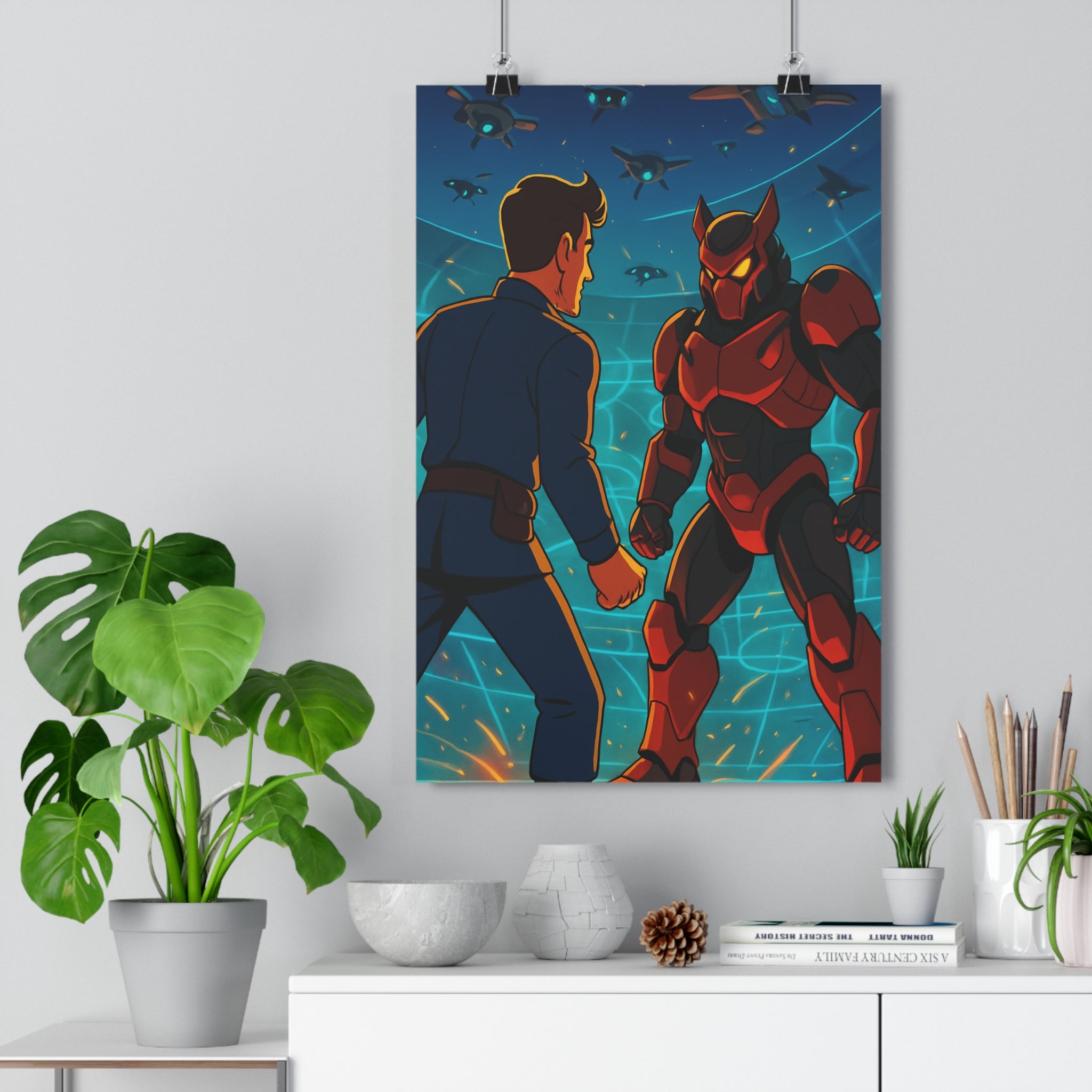 Poster décoratif cyberpunk futuriste bleu rouge cartoon néon vibrant chambre bureau design tendance lumineux