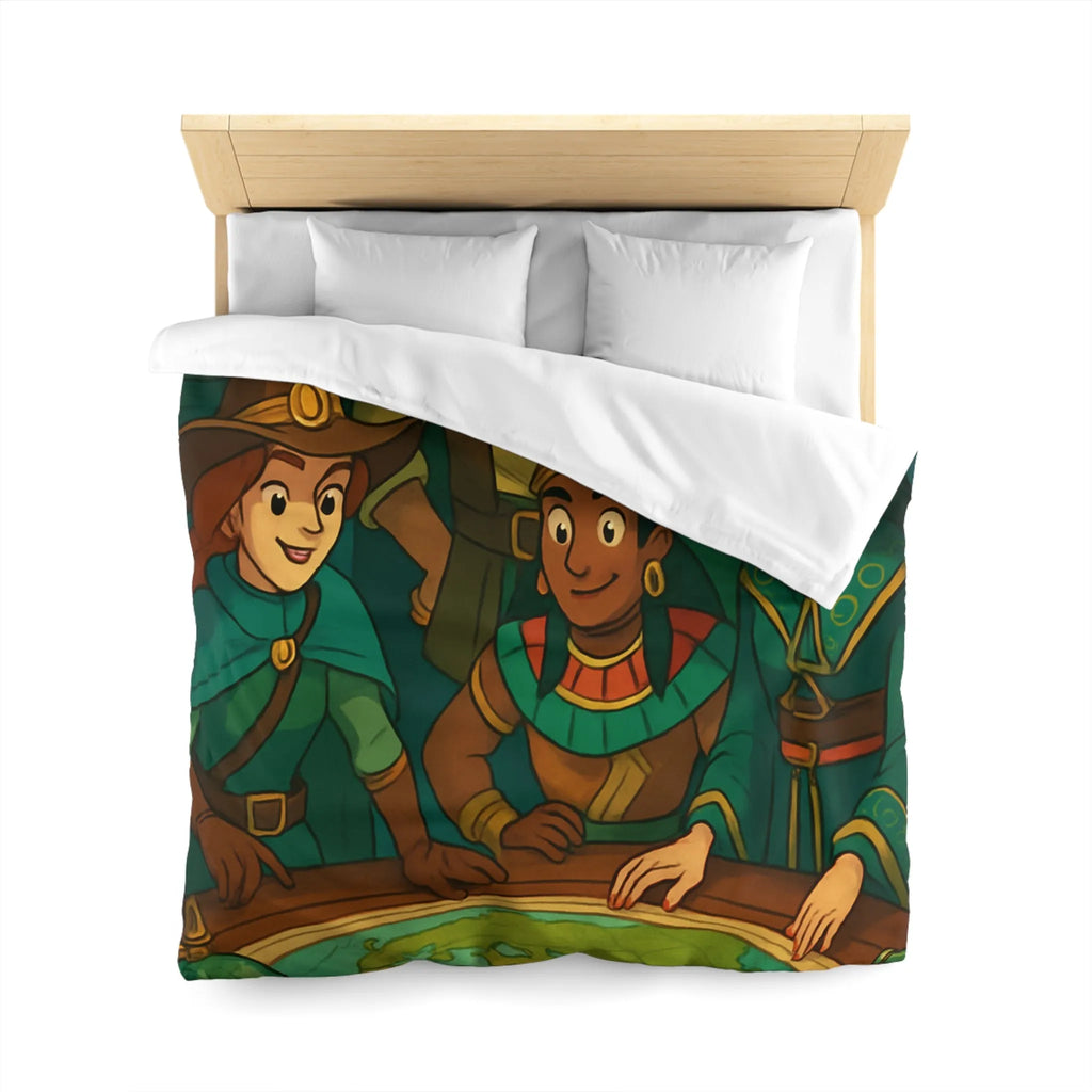 Housse de couette aventuriers explorateurs carte monde globe chapeaux costumes colorés ambiance ludique