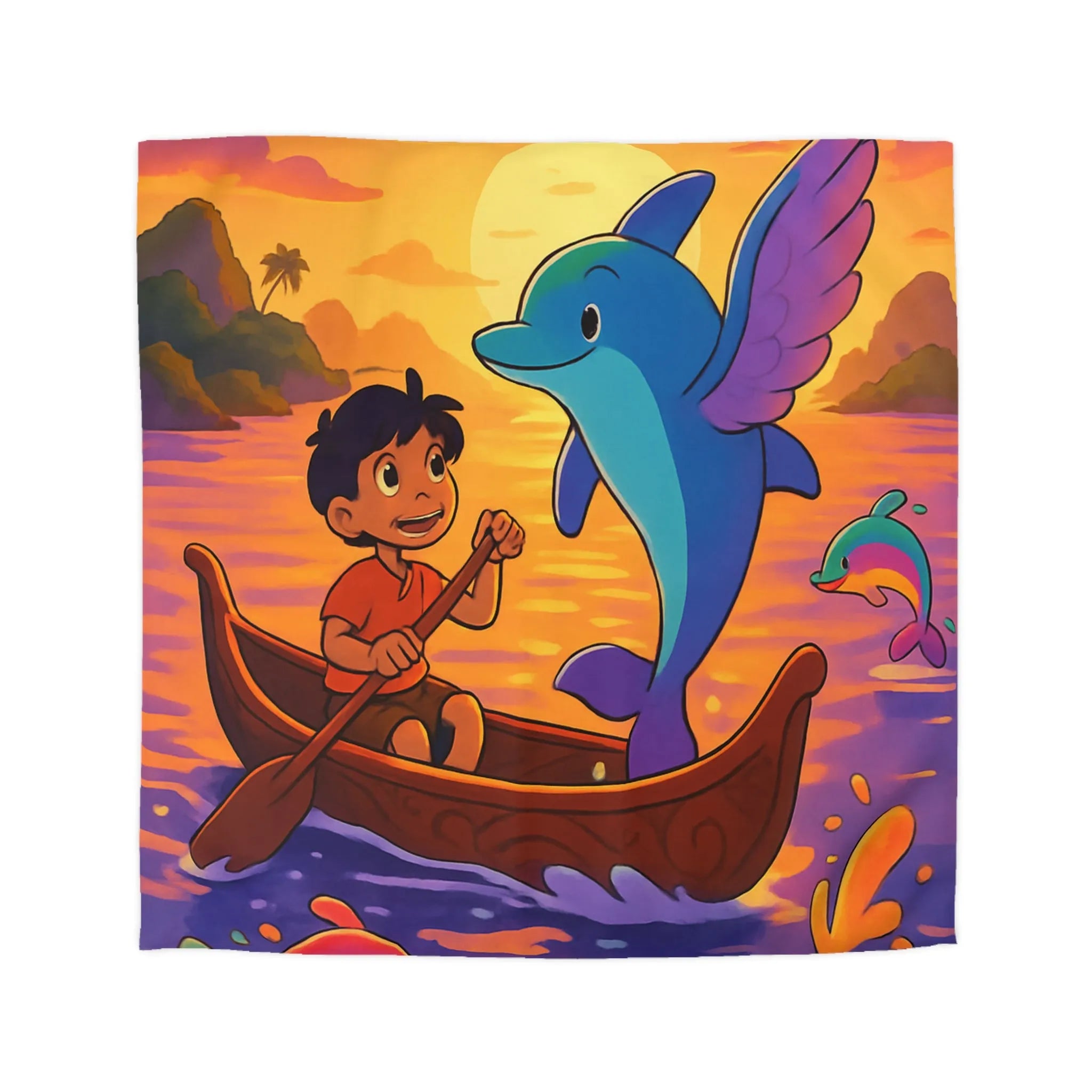 Housse de Couette Enfant : Dauphin Bleu, Aventure en Barque, Coucher de Soleil
