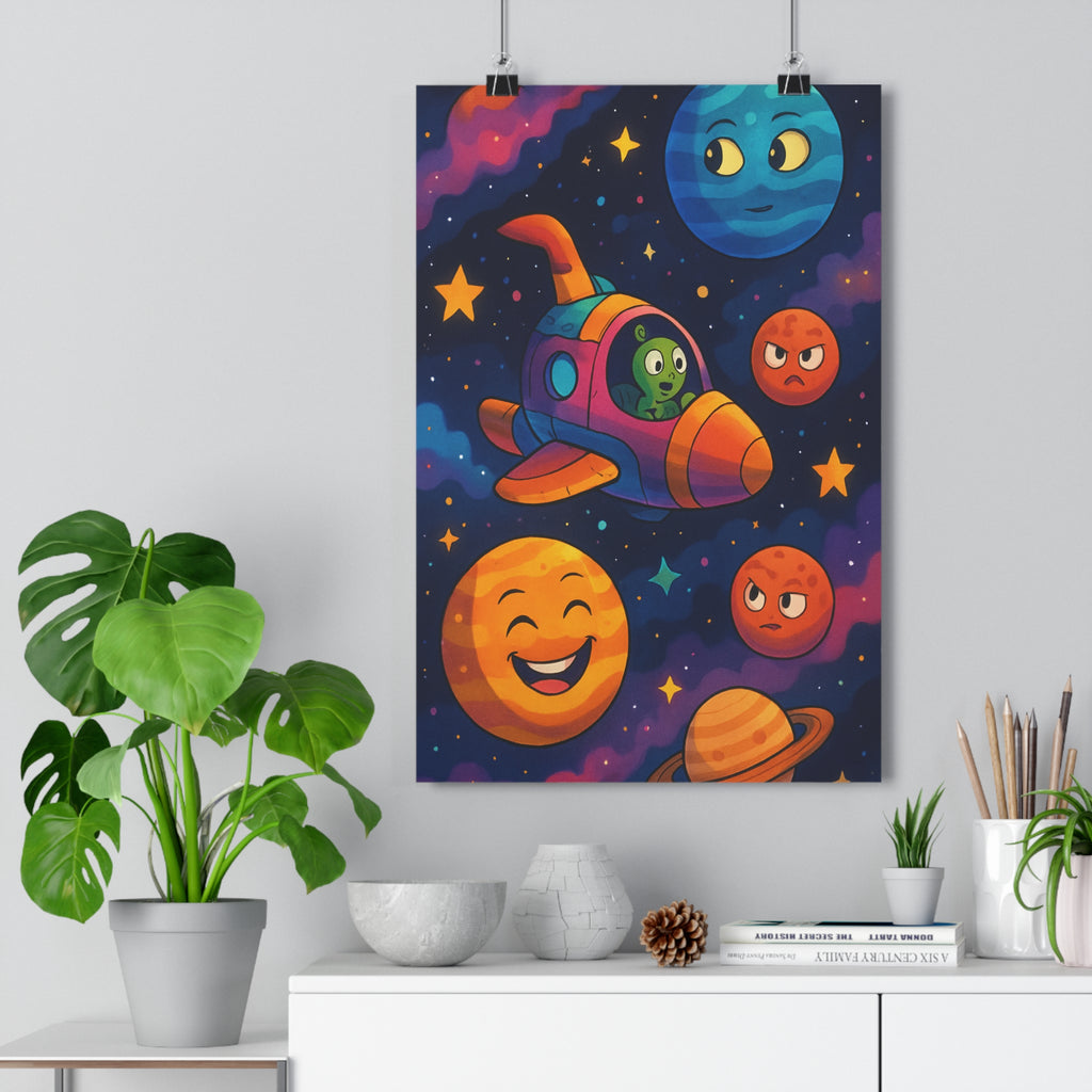Poster décoratif coloré interstellaire vaisseau spatial extraterrestre vert planètes cartoon joyeux chambre enfant fantaisie