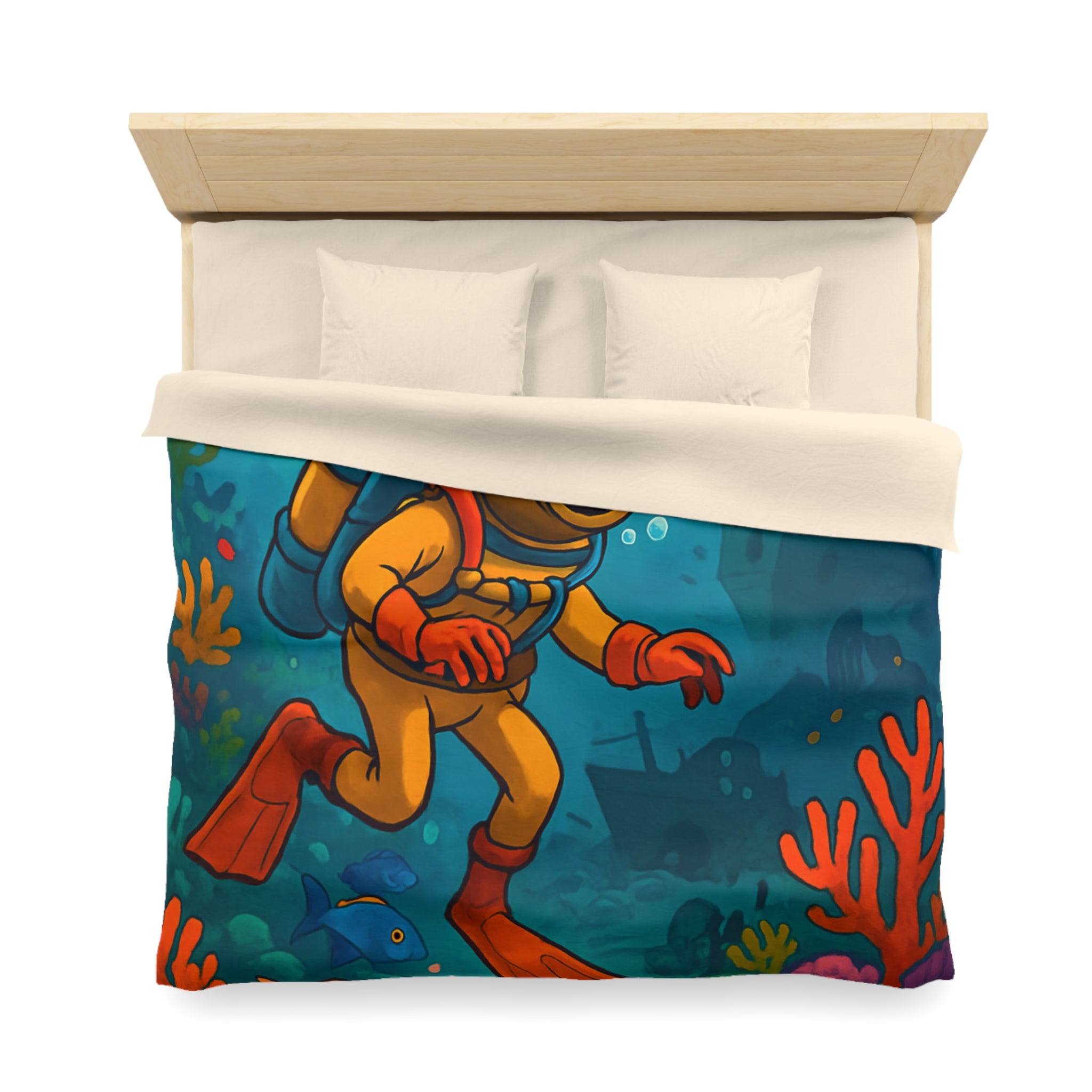 Housse de couette motif plongeur rétro dans un monde sous-marin coloré et mystérieux