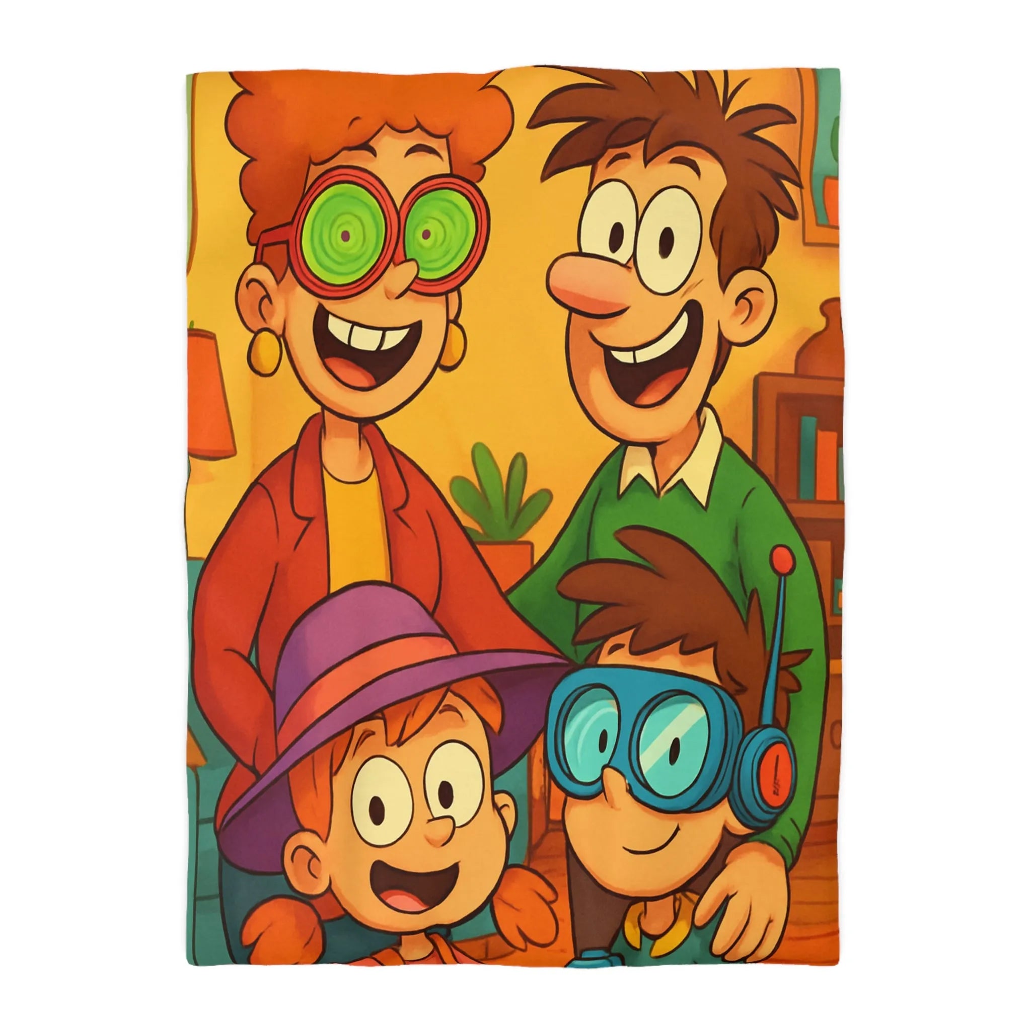 Housse de couette joyeuse avec une famille amusante et colorée, lunettes originales