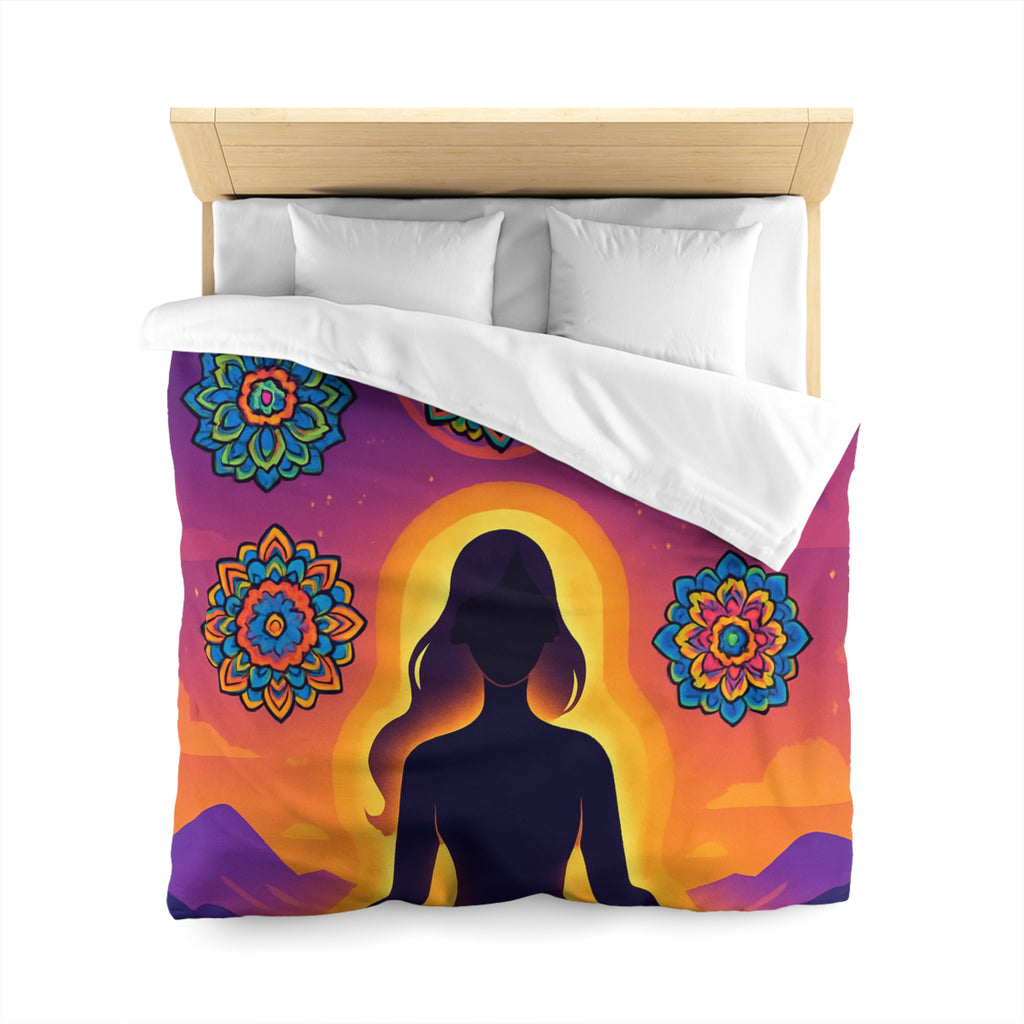 Paisible méditation silhouettée avec mandalas colorés et paysage crépusculaire serein et enchanteur