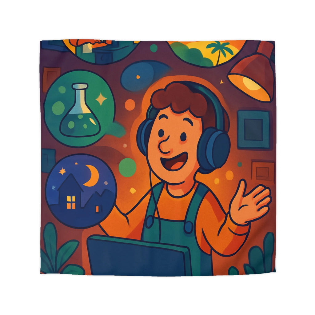 Housse de couette colorée avec illustrations de rêve, voyage et créativité pour enfant