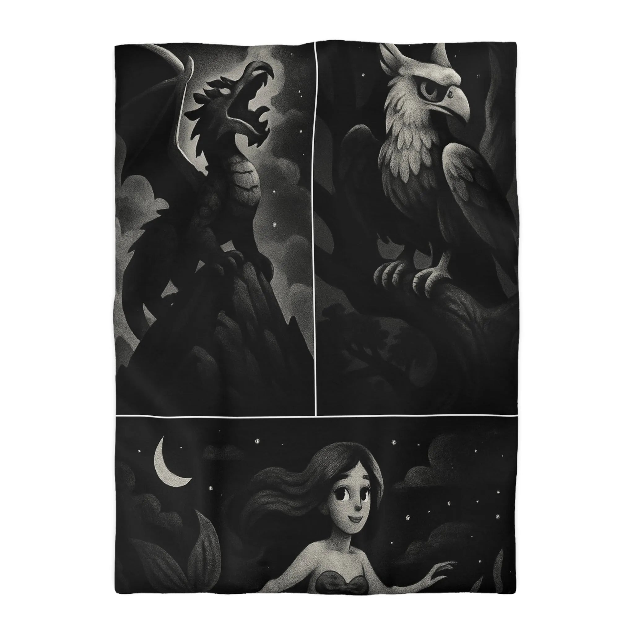 Housse de couette avec motifs de créatures fantastiques dragon, griffon et sirène en noir et gris