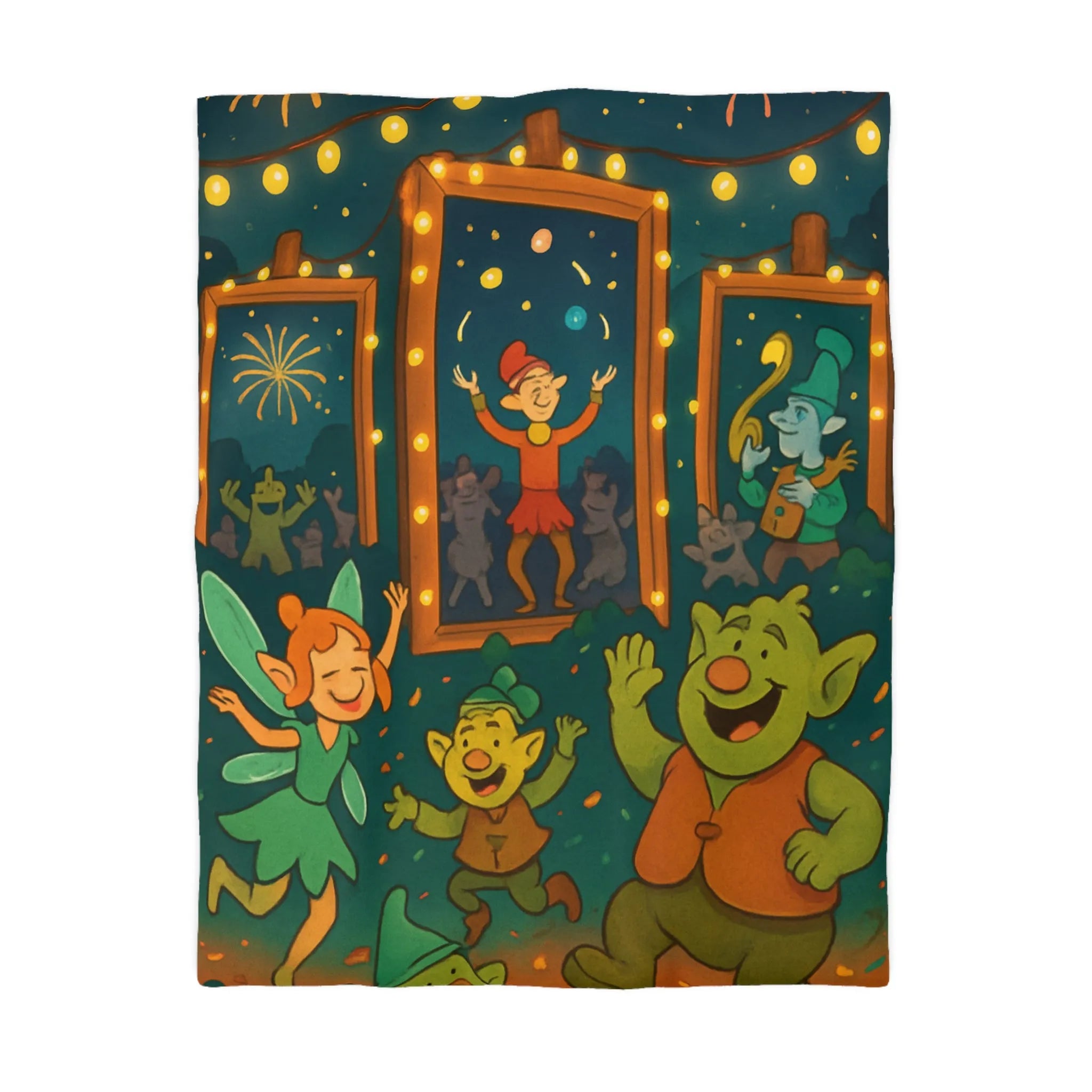 Housse de couette colorée avec lutins dans une fête enchantée sous feux d'artifice