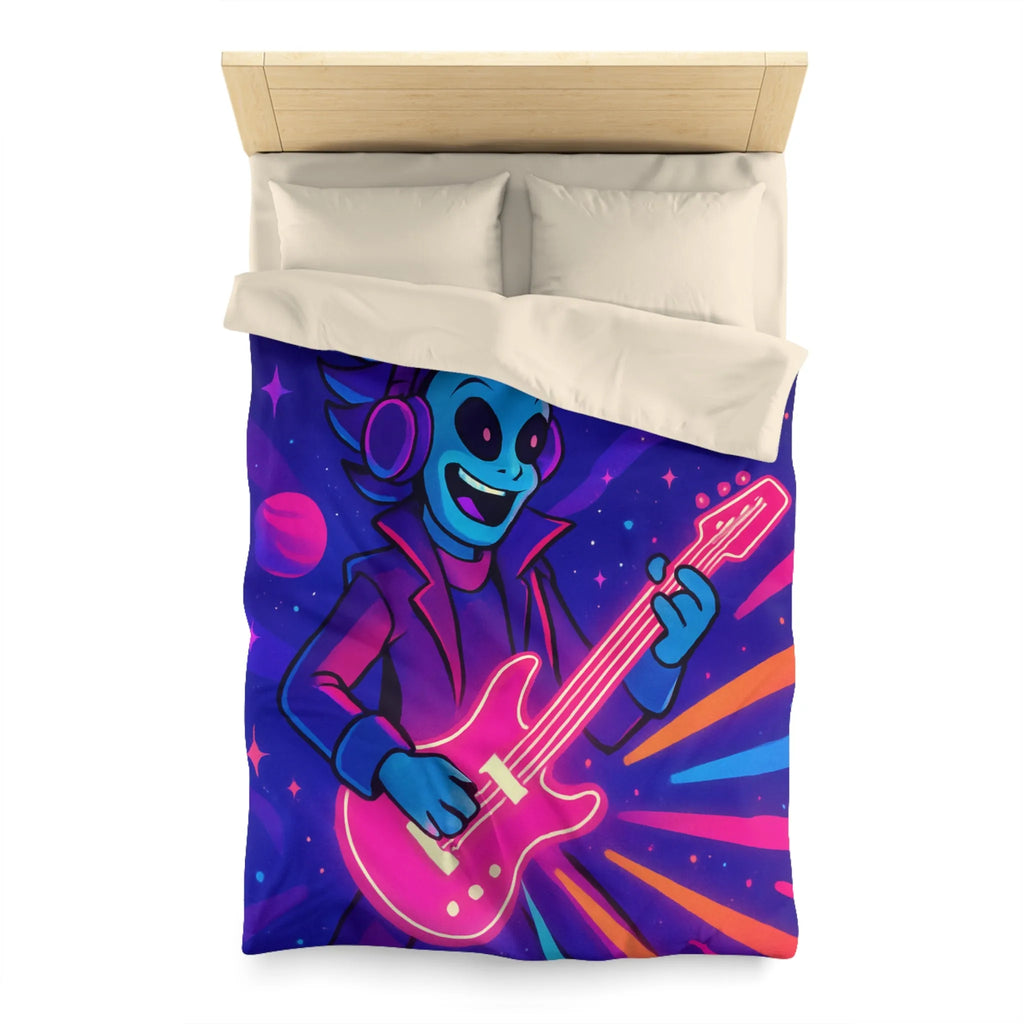 Housse de Couette Galactique avec Musicien Alien et Planètes Multicolores en Néon Vibrant
