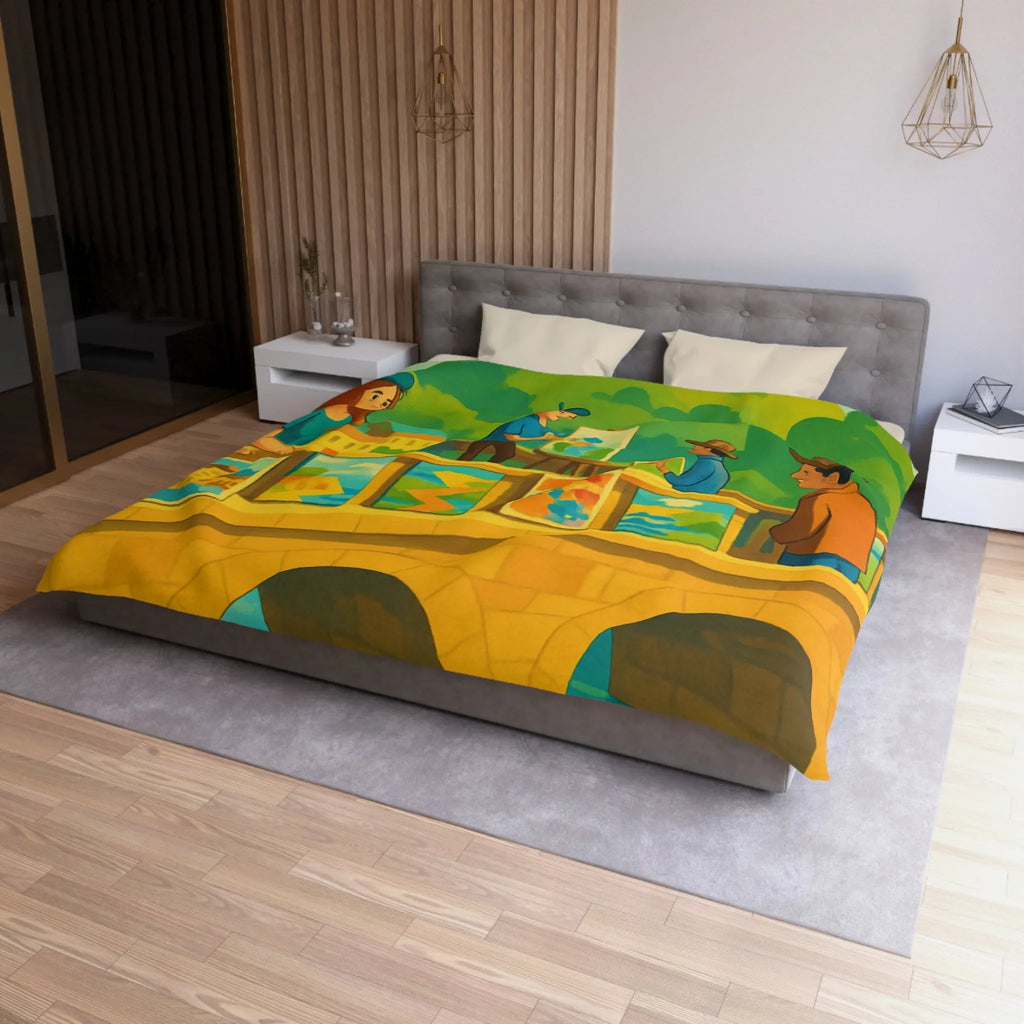 Housse de couette colorée thème pont artistique avec moulins à vent et paysage