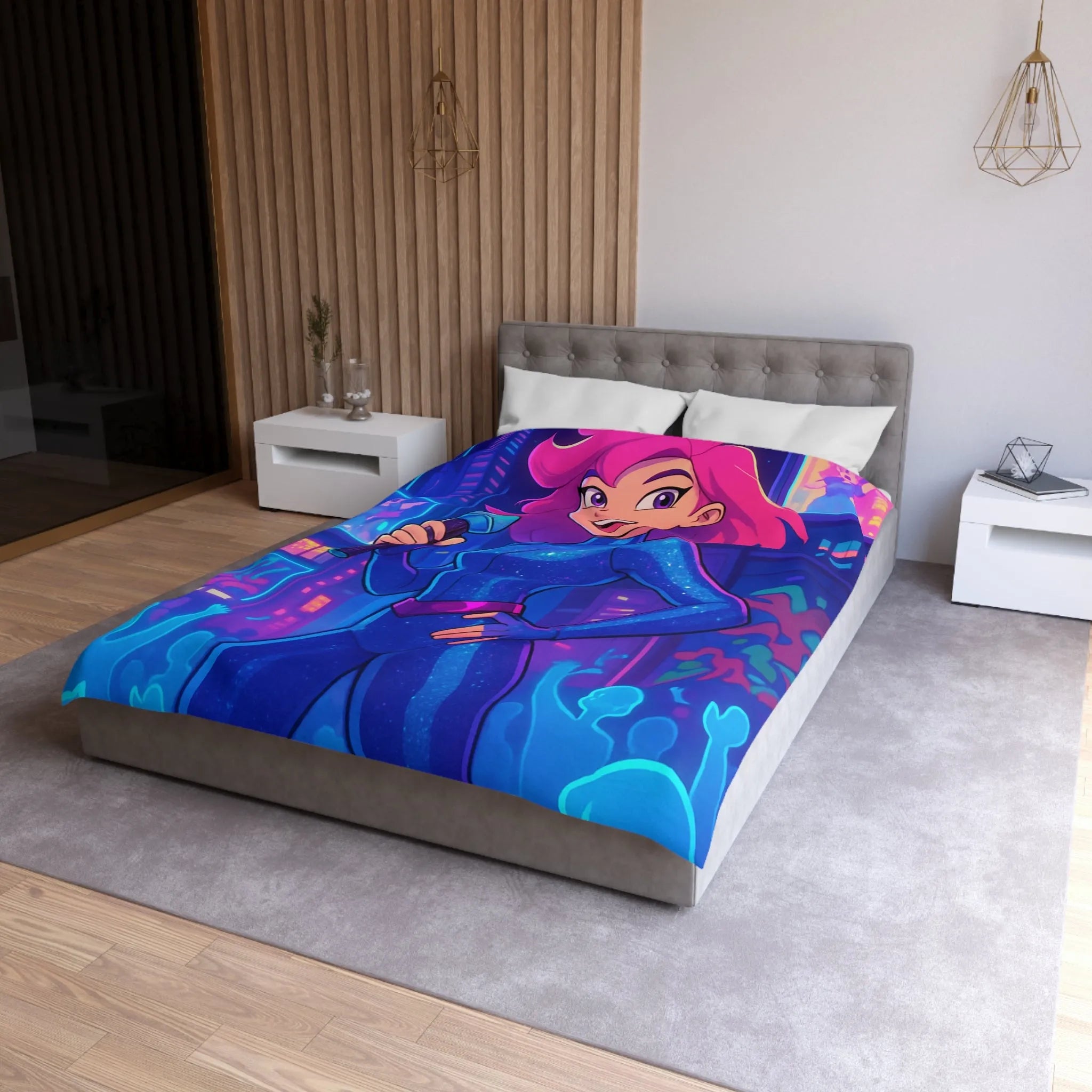 Housse de couette avec chanteuse animée en concert sur fond de ville illuminée