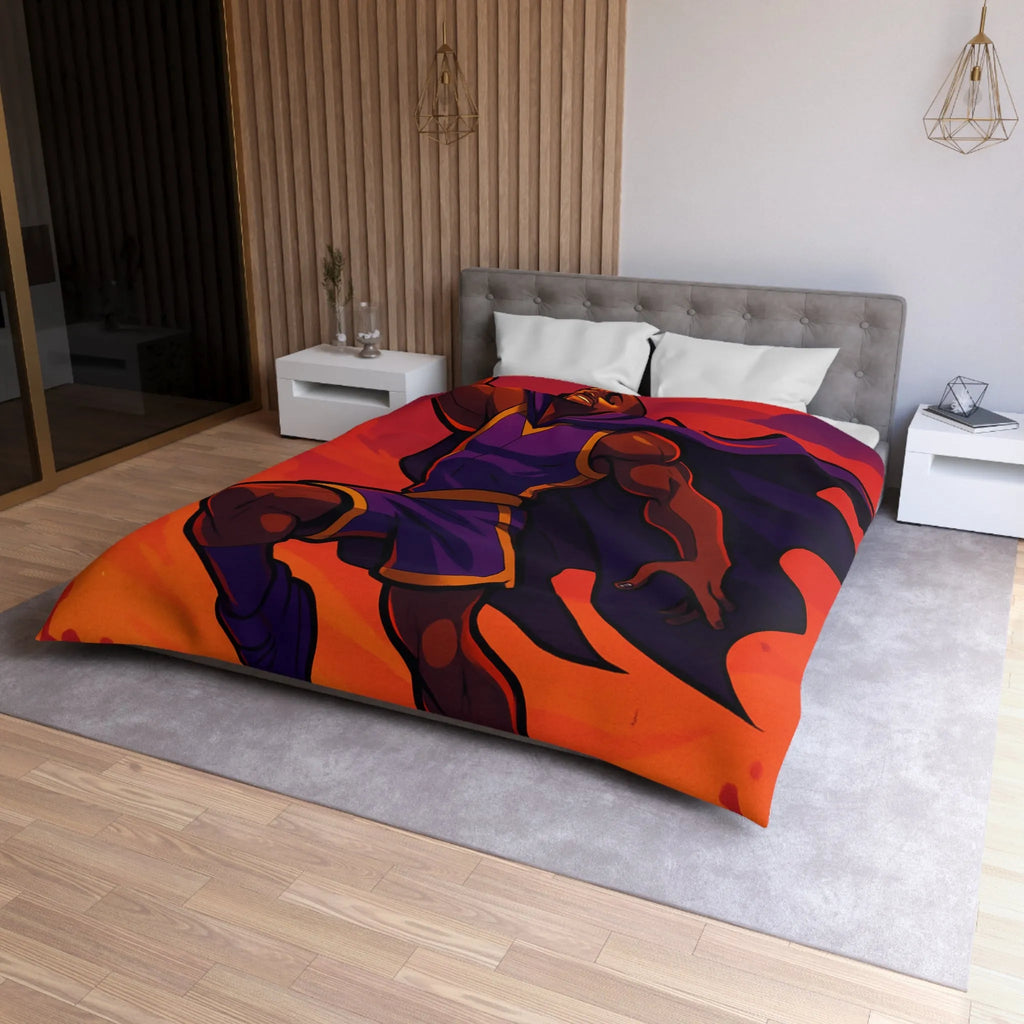 Housse de couette homme volant avec cape et ballon lumineux sur fond orange