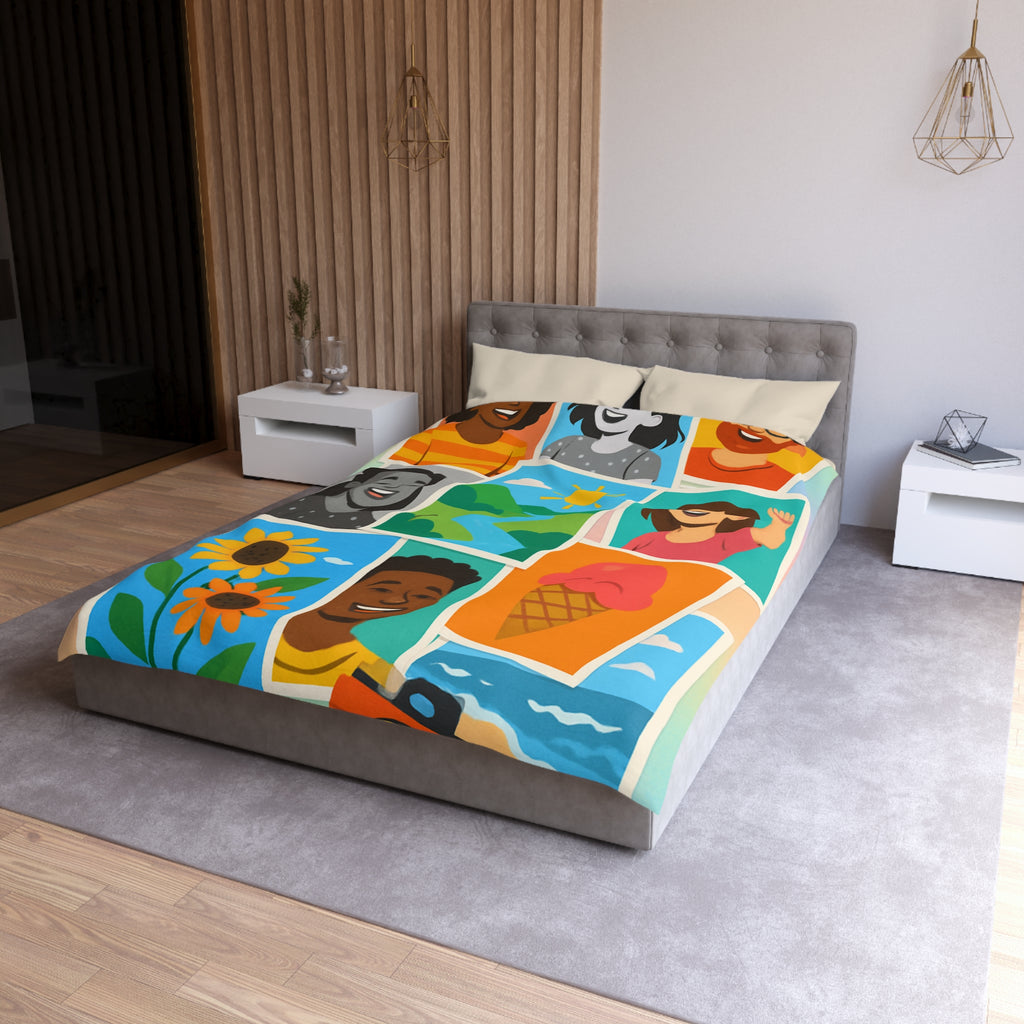 Vibrante housse de couette colorée avec portraits joyeux et paysages ensoleillés pour chambre