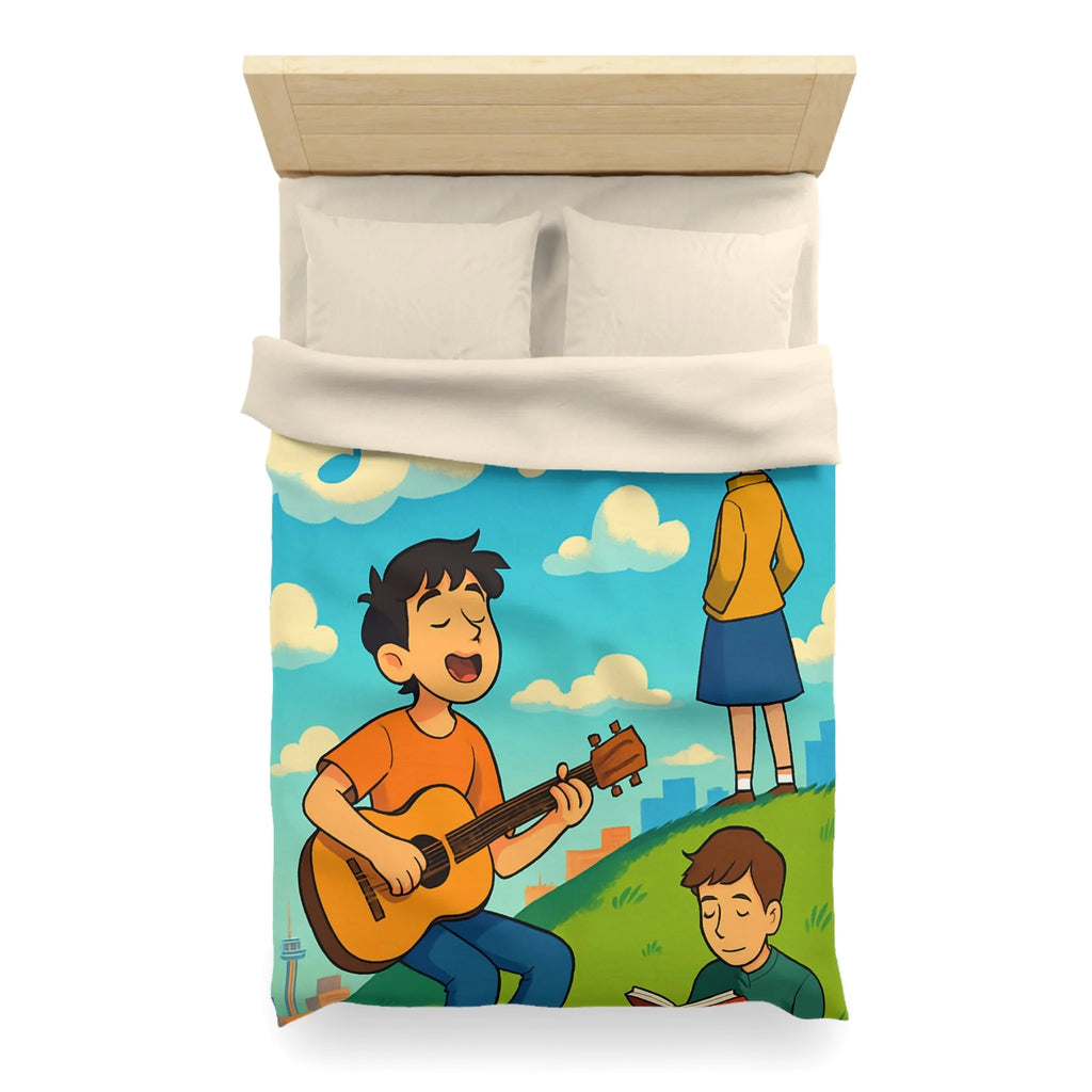 Housse de couette avec personnages chantant et lisant sur colline ensoleillée