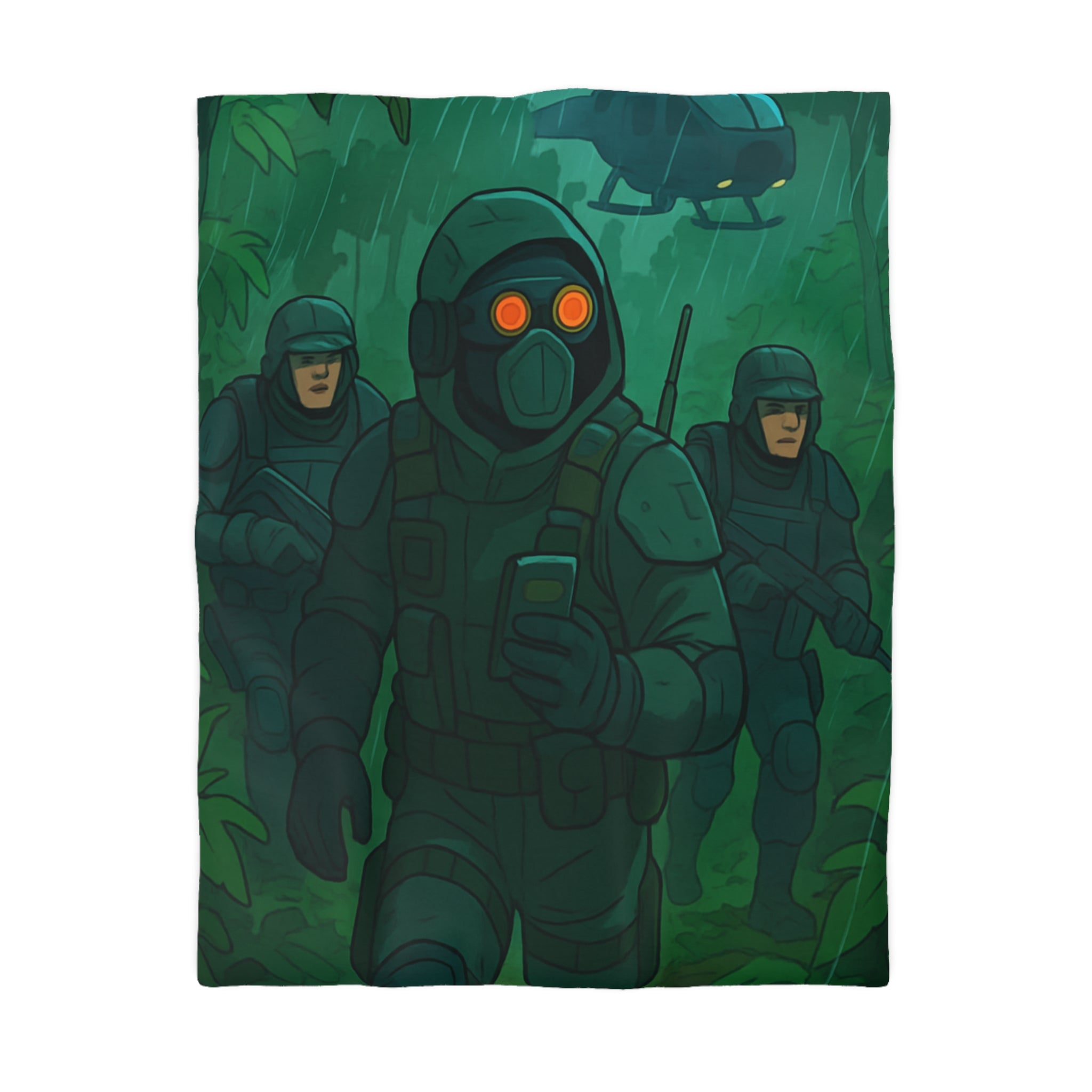 Housse de couette militaire style survie jungle avec soldats et hélicoptère en arrière-plan