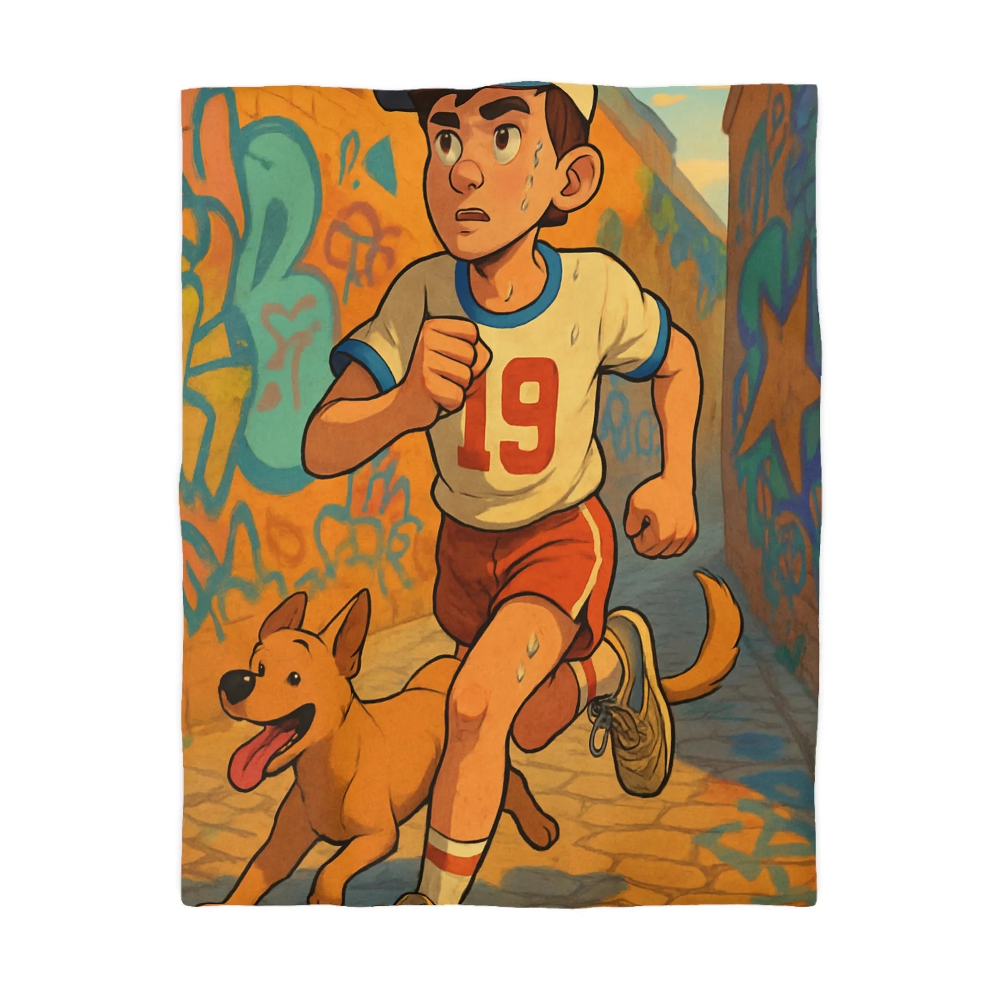 Housse de couette enfant sportive avec garçon et chien dans ruelle colorée graffiti