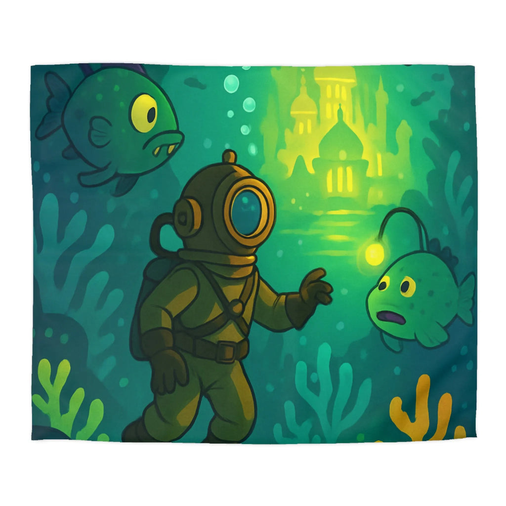 Décor de lit avec scaphandrier et poissons lumineux dans une cité sous-marine fantastique