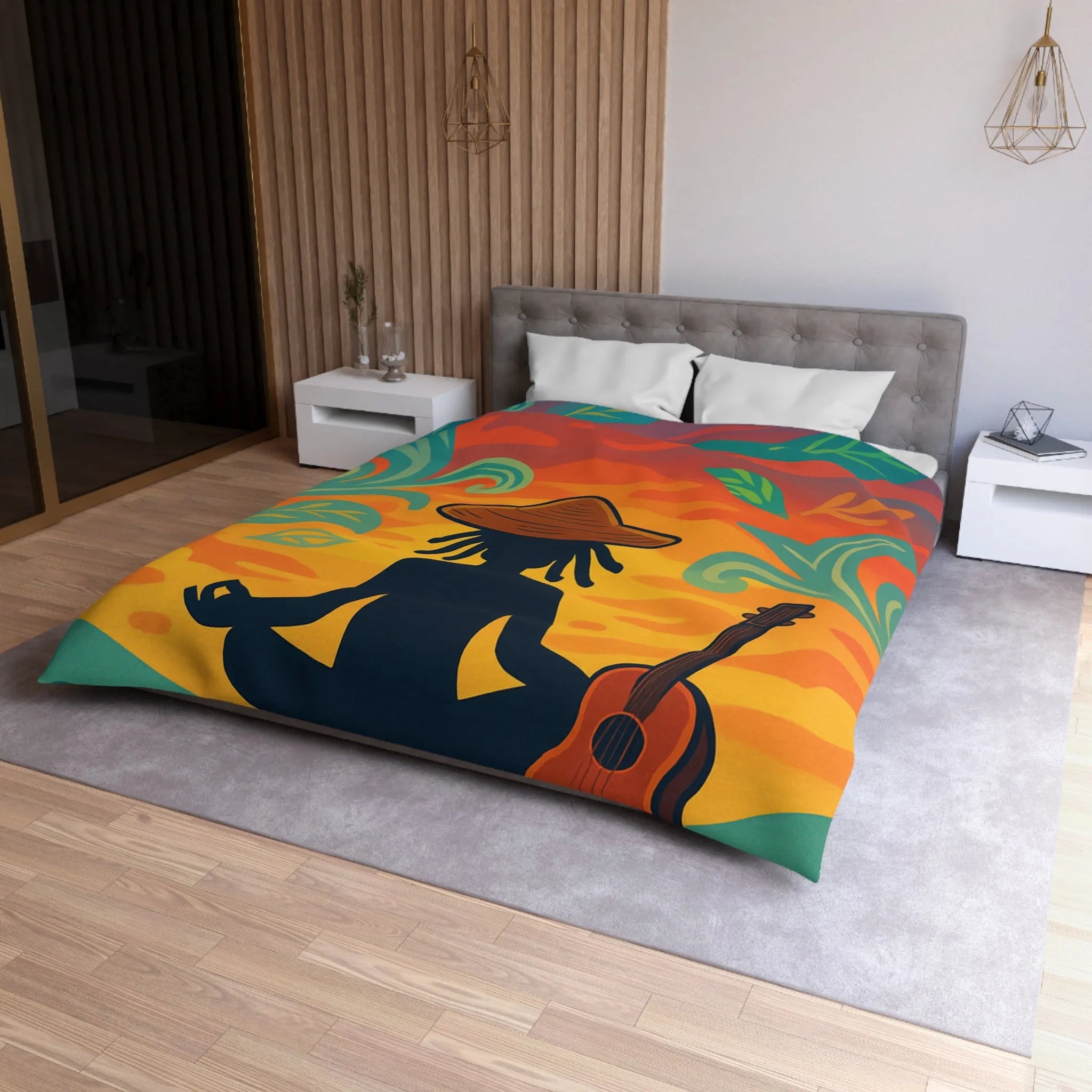 Housse de couette avec silhouette méditative et nature vibrante sous coucher de soleil coloré