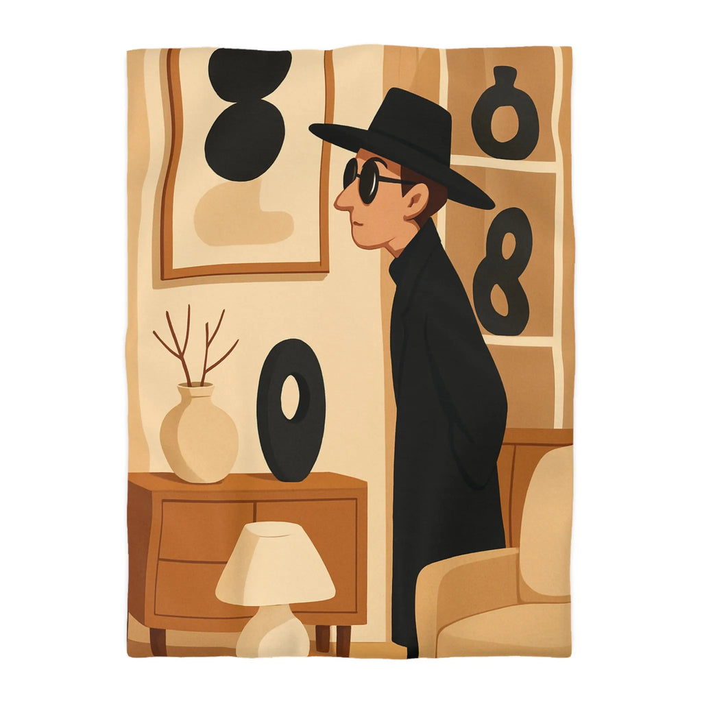 Élégant homme en noir dans salon moderne minimaliste aux accents artistiques abstraits