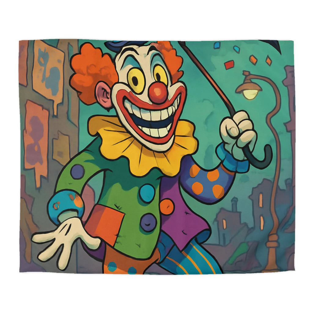 Housse de couette colorée avec clown joyeux et parapluie en pleine ville animée
