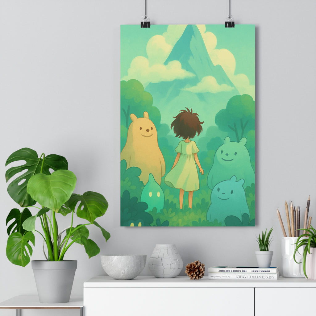 Poster décoratif pastel forêt onirique créatures amicales mystique chambre enfant nature apaisant rêveur mur