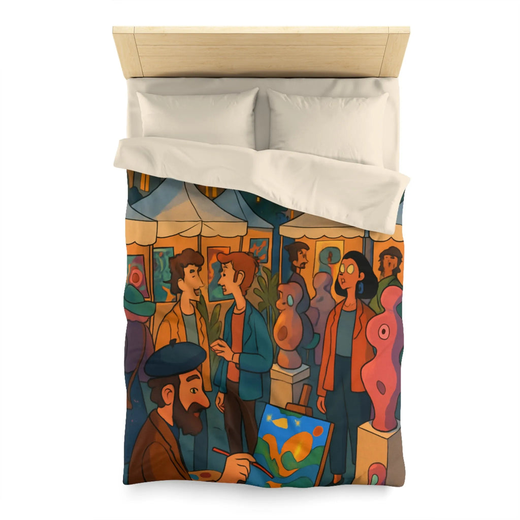 Housse de couette avec scène de marché nocturne animé et sculptures colorées