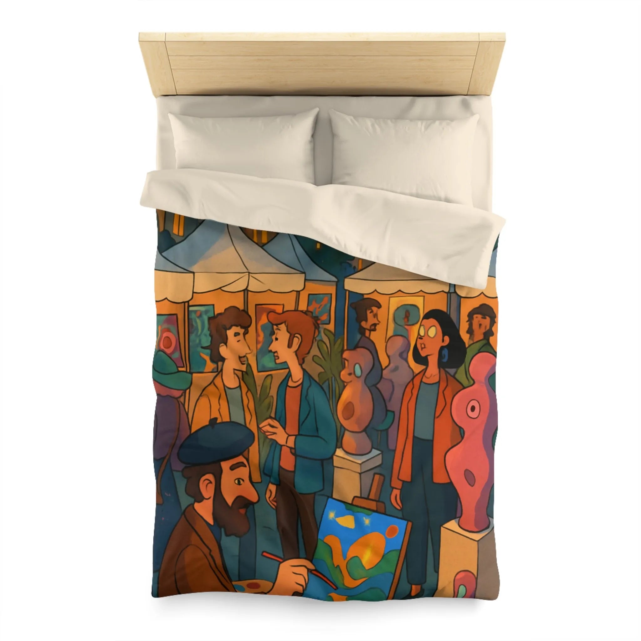Housse de couette avec scène de marché nocturne animé et sculptures colorées