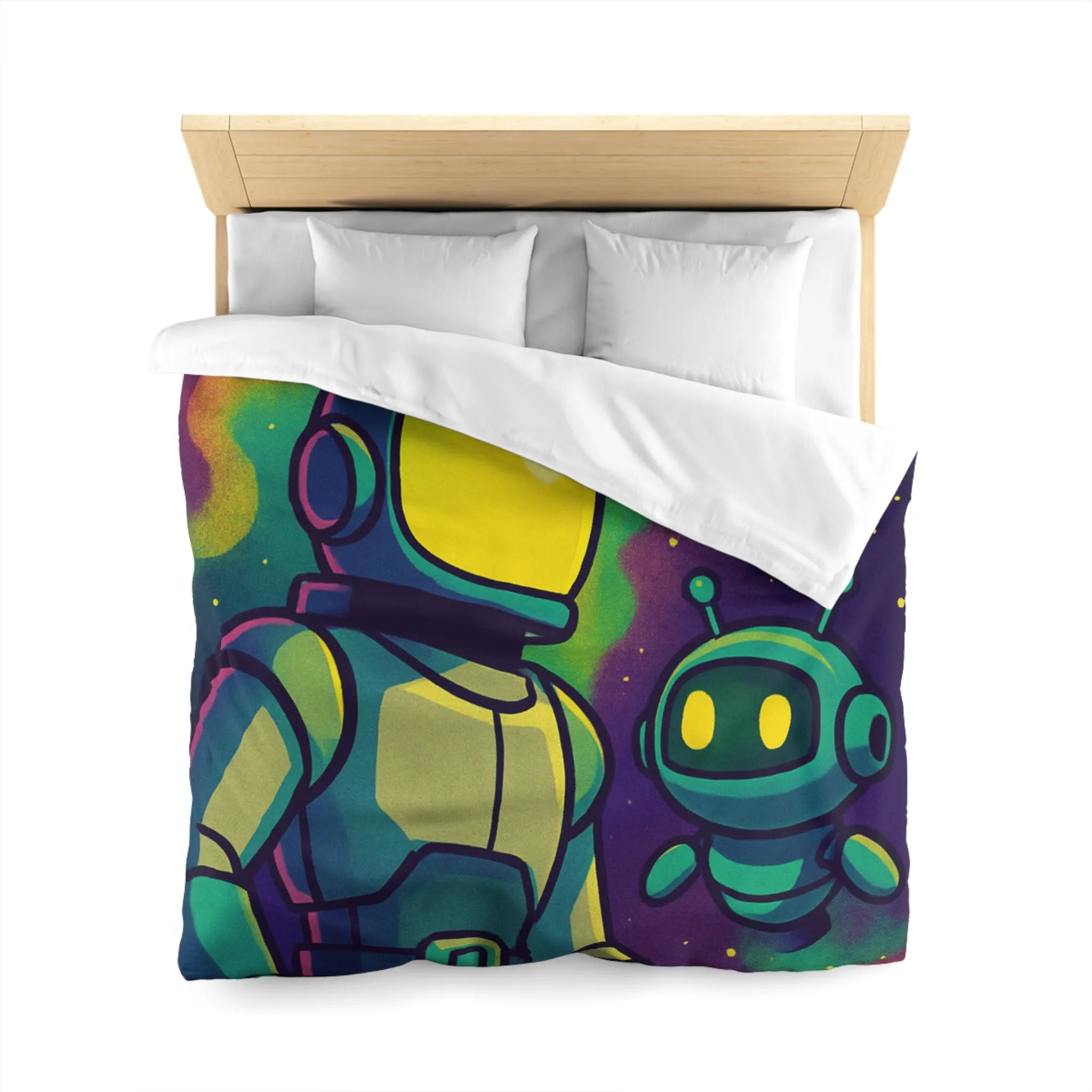 Housse de couette enfant espace avec cosmonaute et robot mignon en couleurs vives