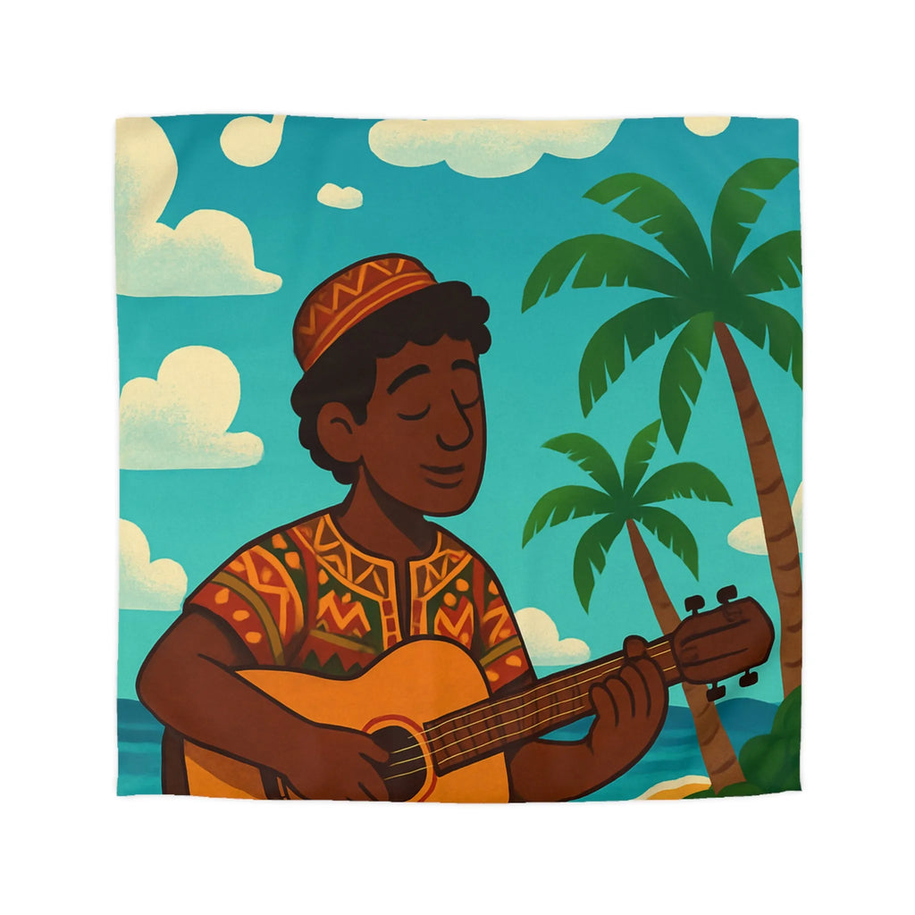 Housse de couette illustrée avec musicien joyeux sous les palmiers en bord de mer