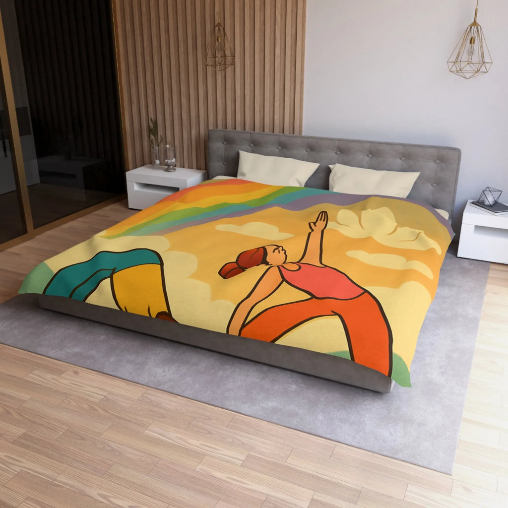 Housse De Couette Enfant Avec Arc-en-Ciel Coloré Et Personnages Pratiquant Le Yoga Énergique