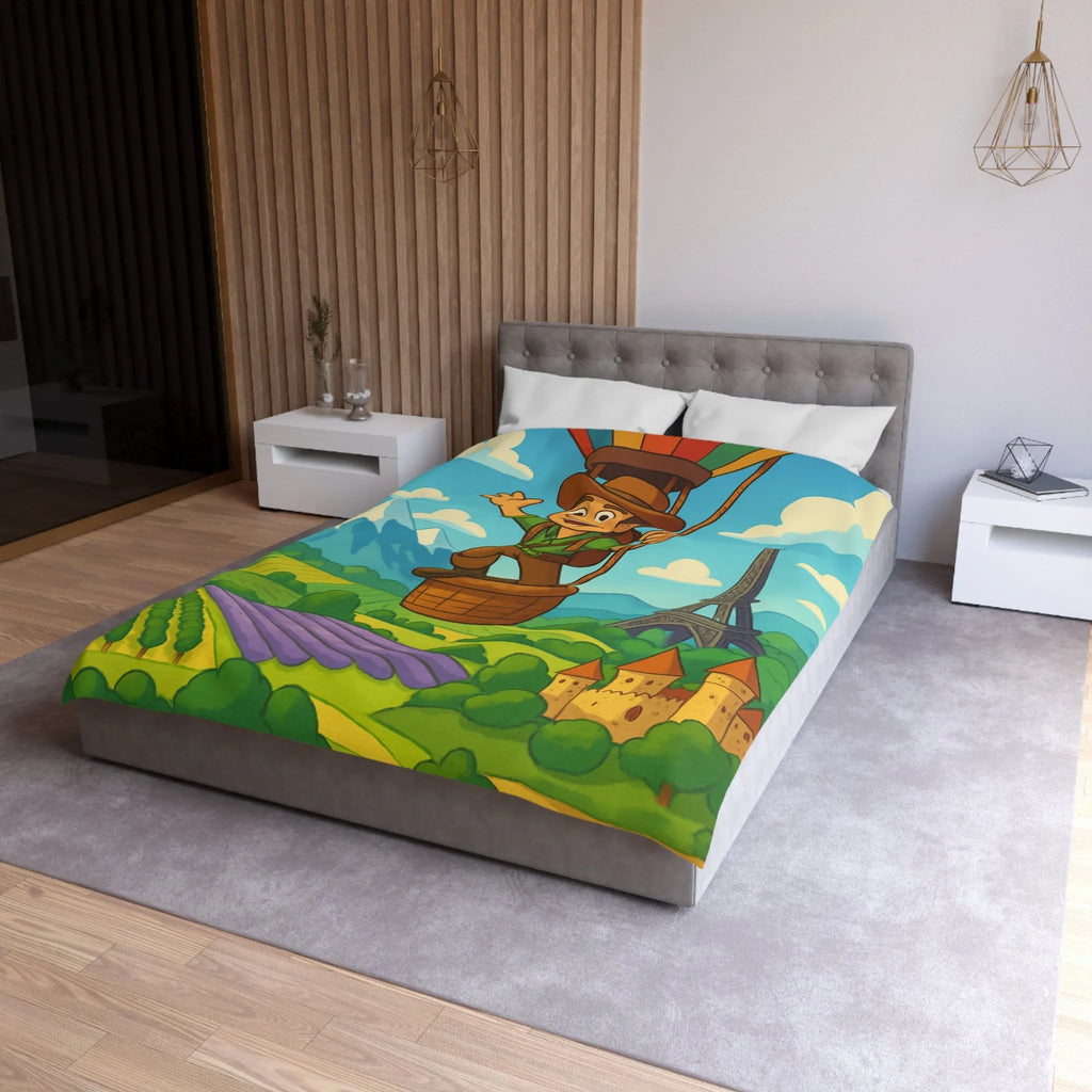 Charmant voyageur en montgolfière surplombant paysages français, champs et monuments emblématiques