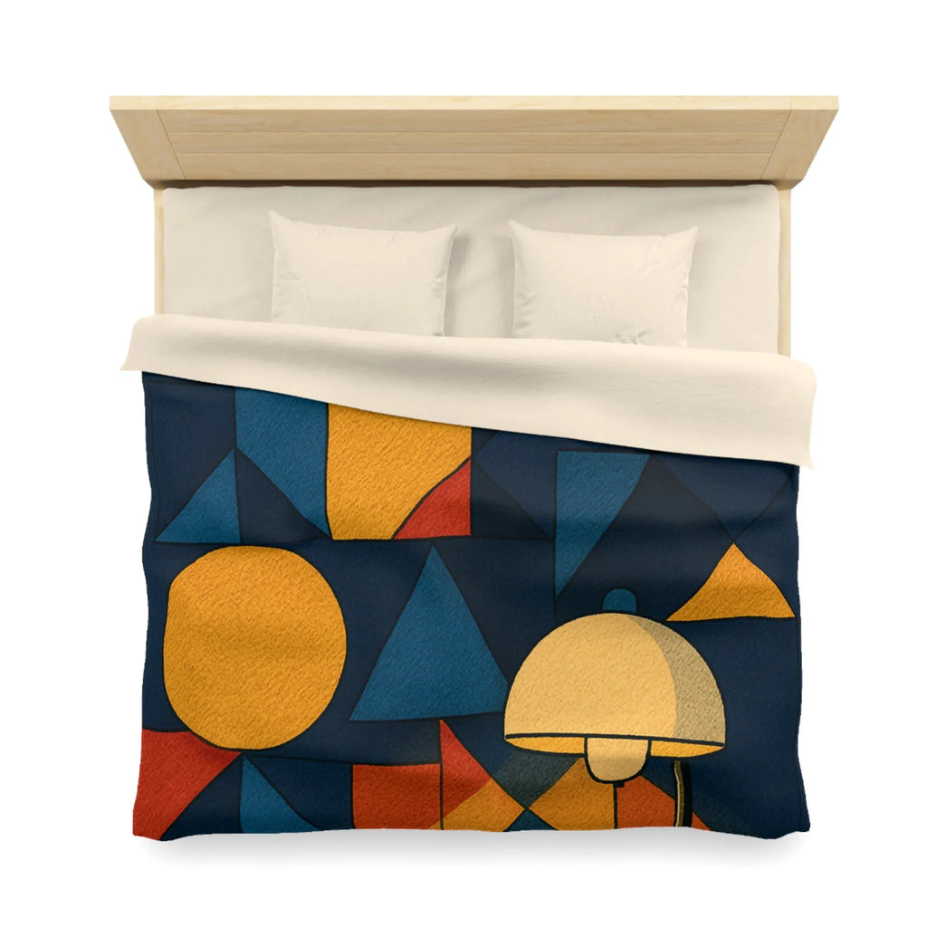 Housse de couette géométrique moderne multicolore avec motifs rétro et ambiance chaleureuse éclairée