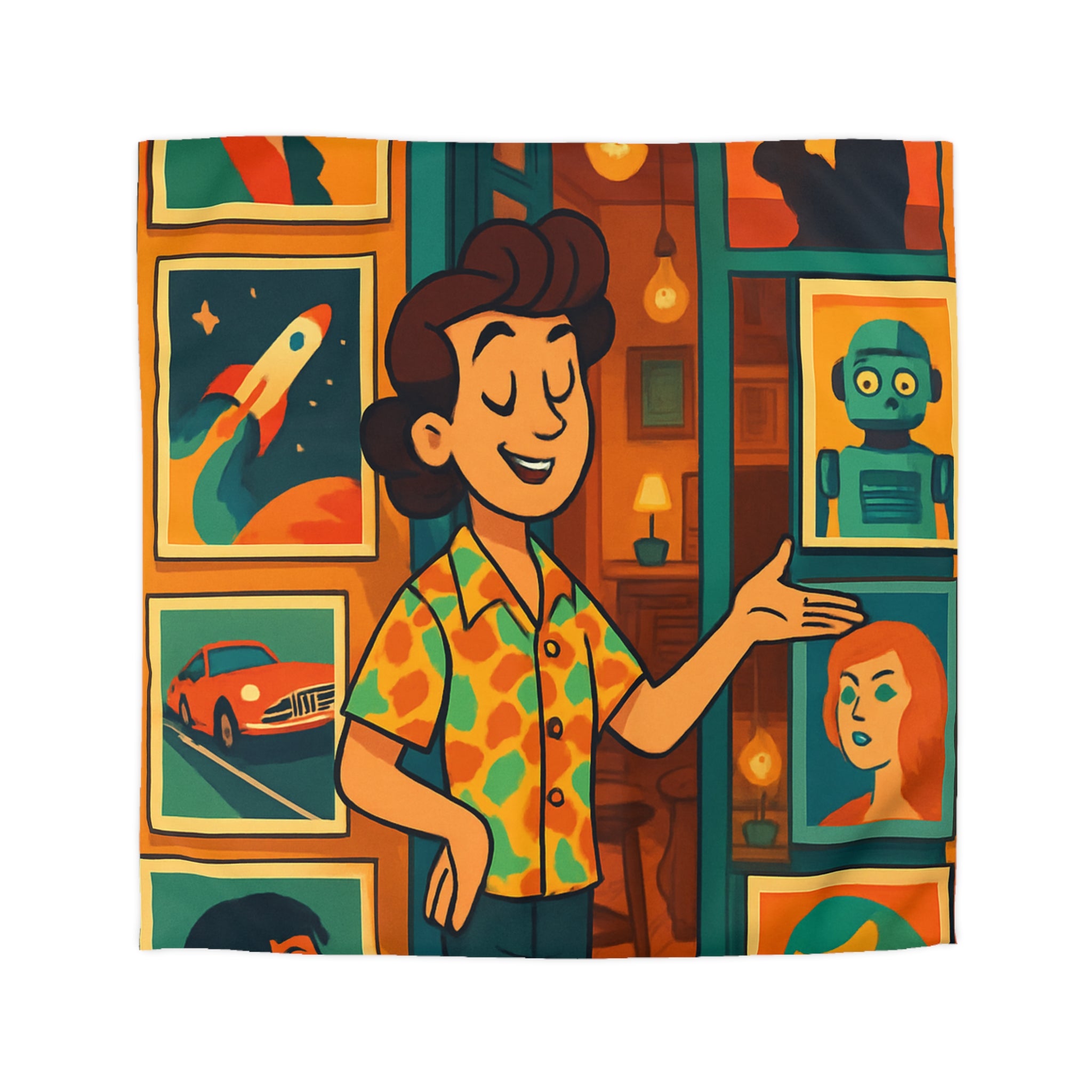 Housse de couette rétro avec illustrations vibrantes, ambiance vintage et design artistique coloré