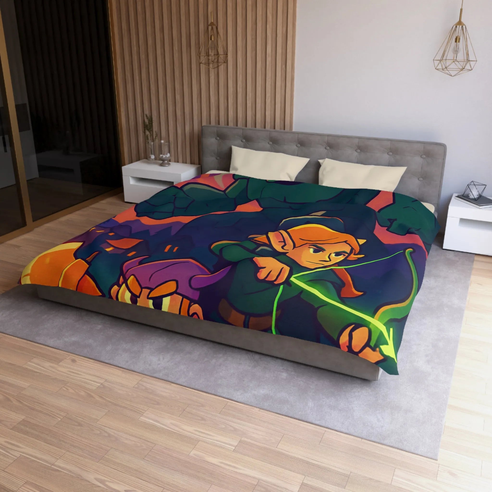 Housse de Couette Fantastique avec Guerrier, Archer et Golem sous Aurores Boréales Éclatantes