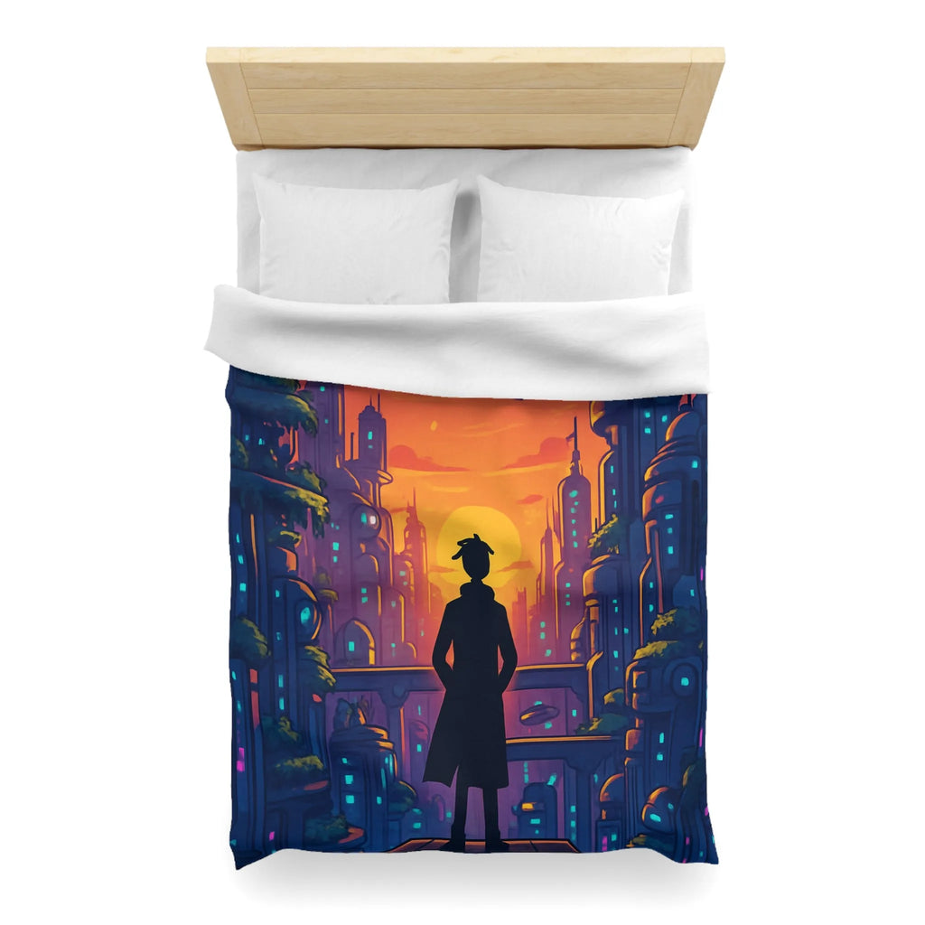 Housse de Couette Futuriste avec Paysage Urbain et Ciel Étoilé Orange et Bleu