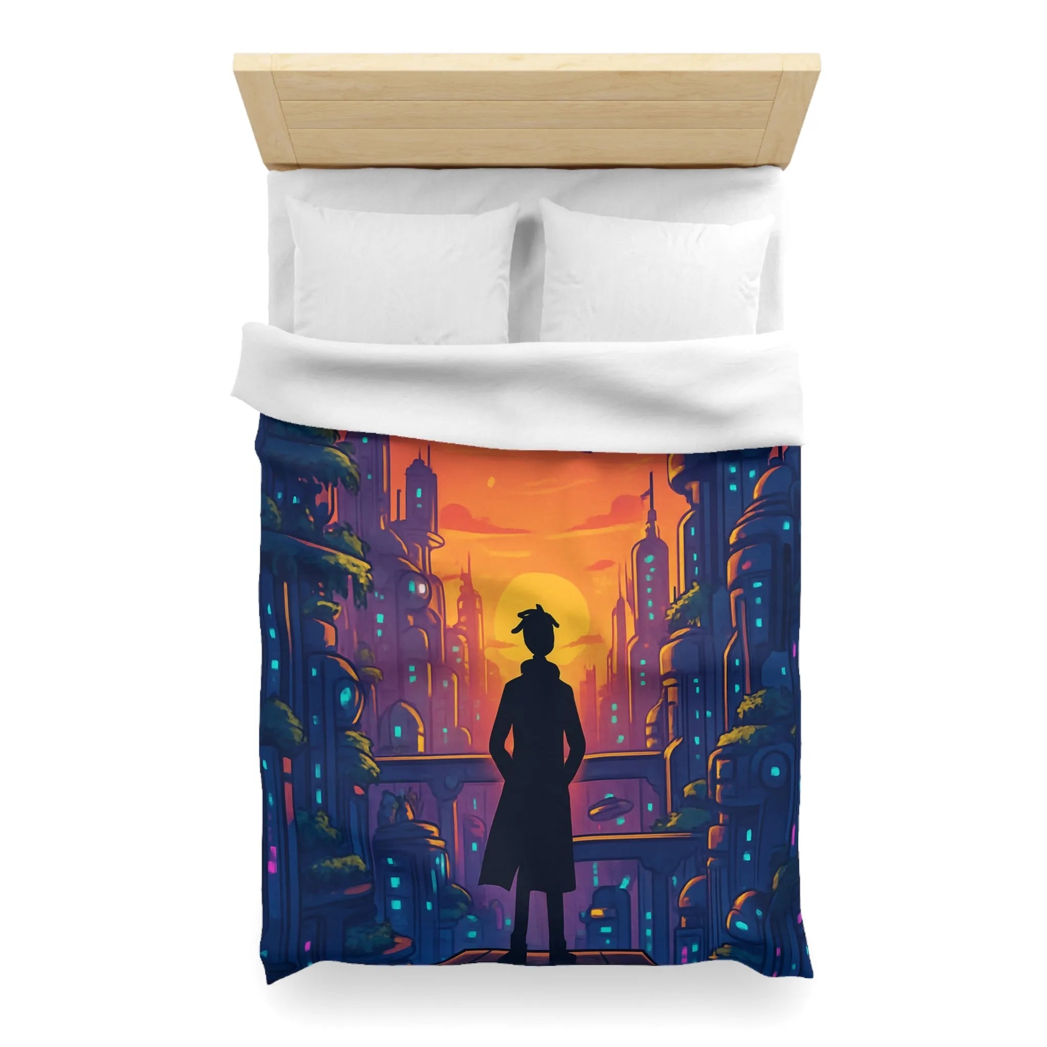 Housse de Couette Futuriste avec Paysage Urbain et Ciel Étoilé Orange et Bleu