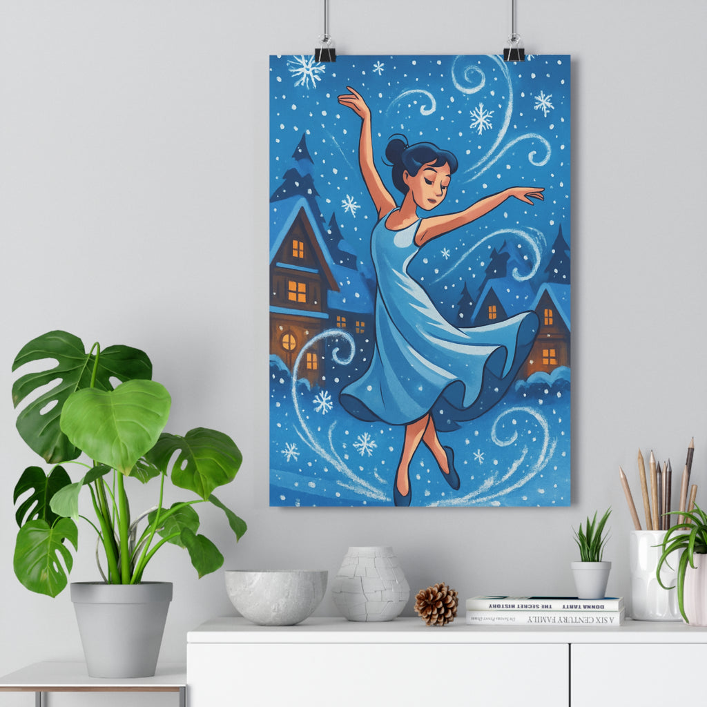 Poster décoratif danseuse gracieuse neige bleu blanc artistique fluide ambiance hivernale apaisante salon chambre