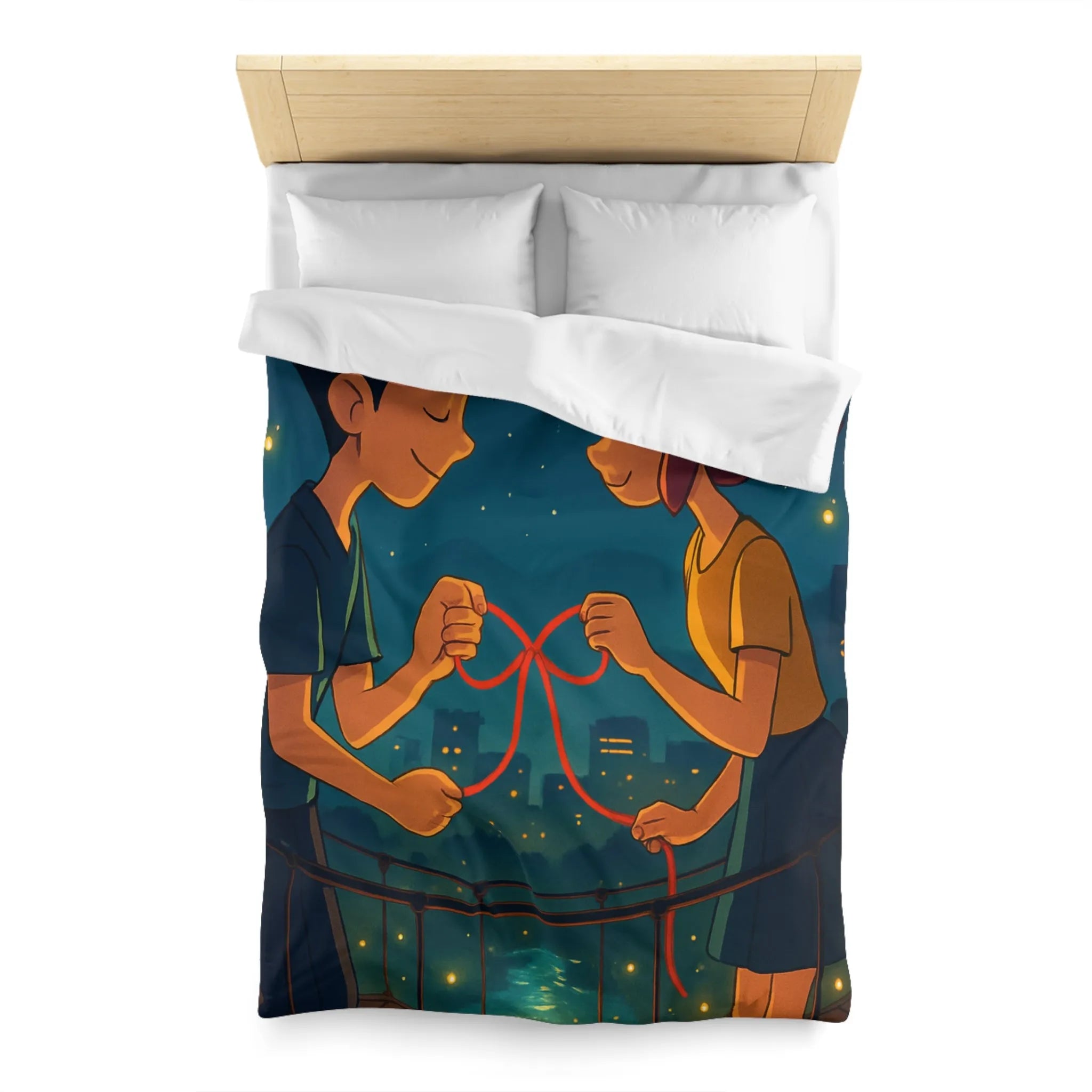 Housse de couette animée couple amoureux sur pont au-dessus d'une ville étoilée