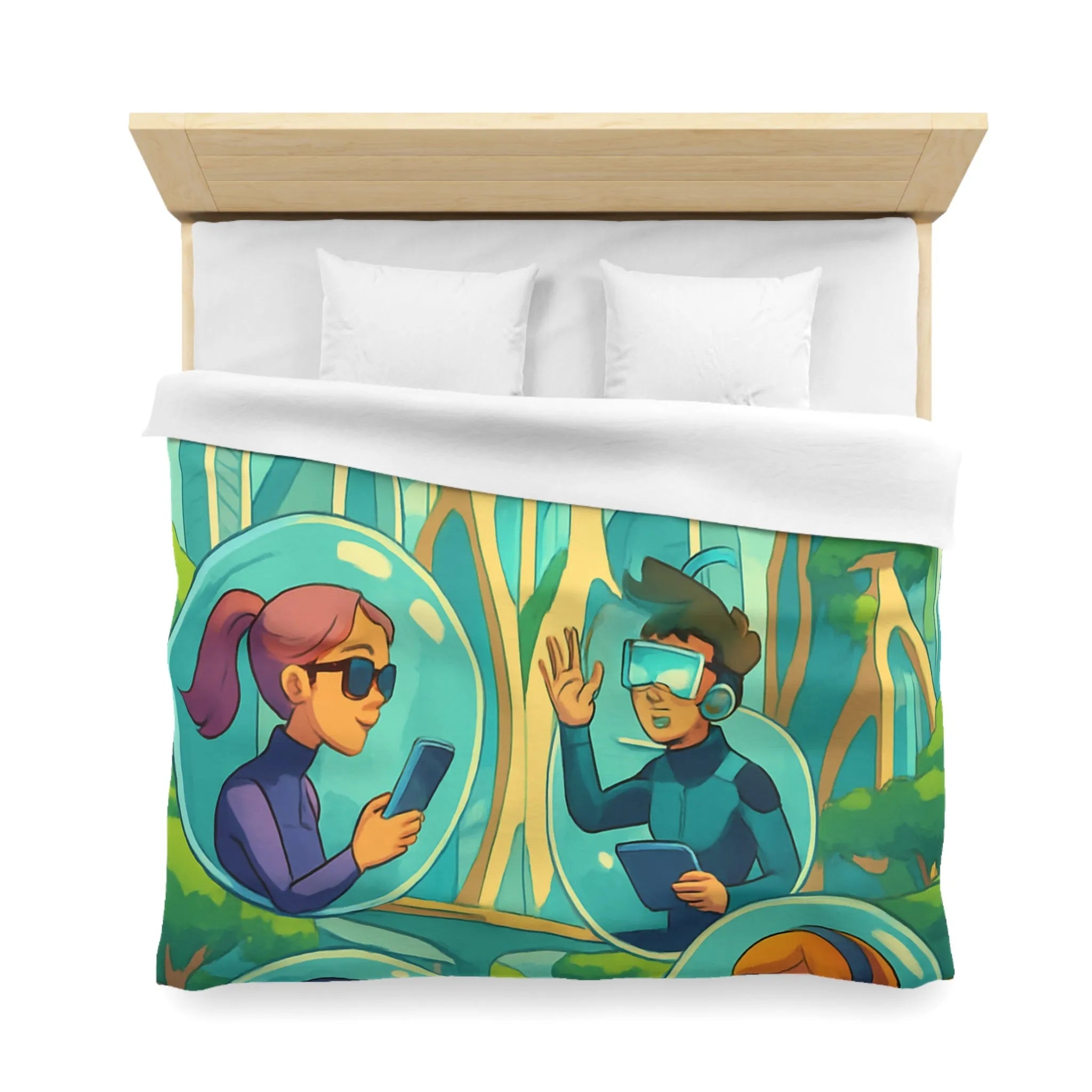 Housse de couette futuriste avec paysage urbain et personnages connectés en réalité augmentée