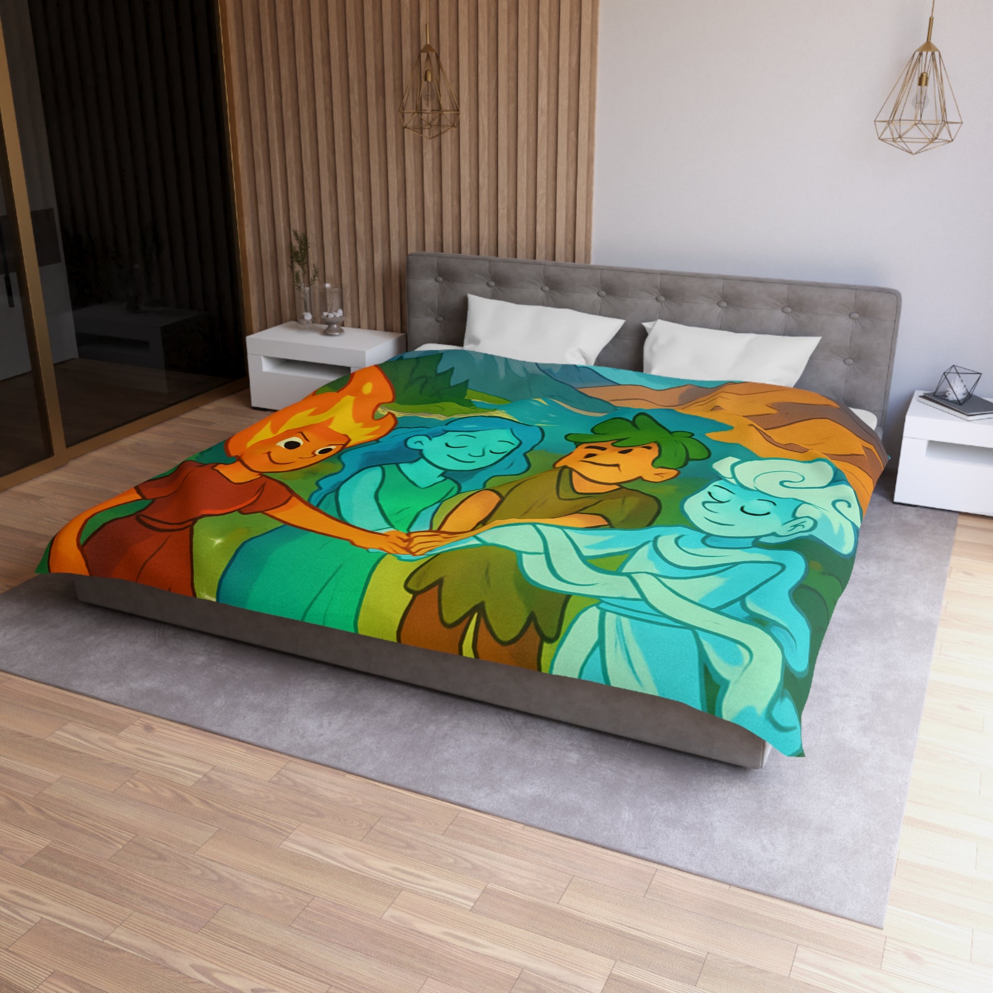 Housse de Couette Nature Enchantée avec Éléments Terre, Feu, Air et Eau Unifiés