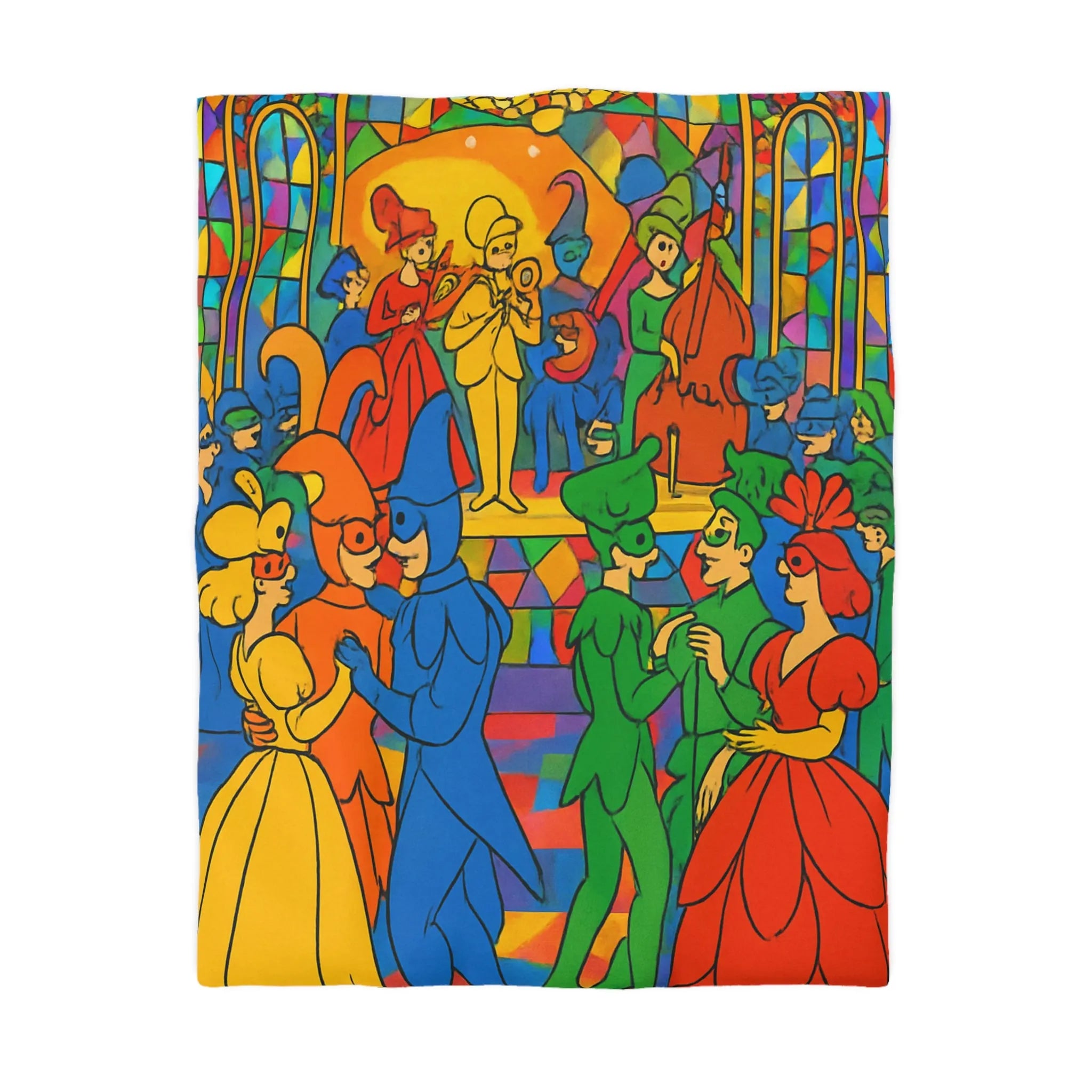 Housse de couette colorée avec scène de bal masqué inspirée du style vitrail