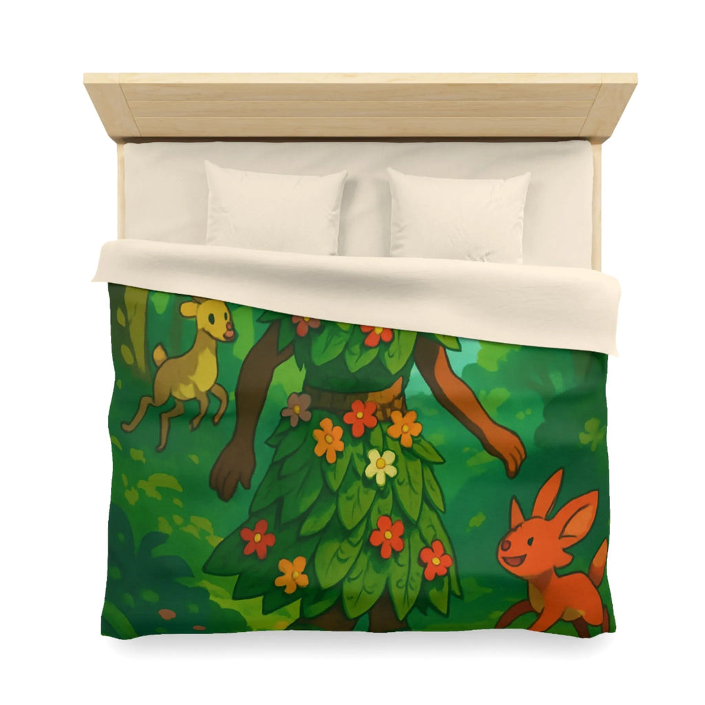 Housse de couette forêt enchantée avec créatures et personnage naturel aux couleurs vibrantes