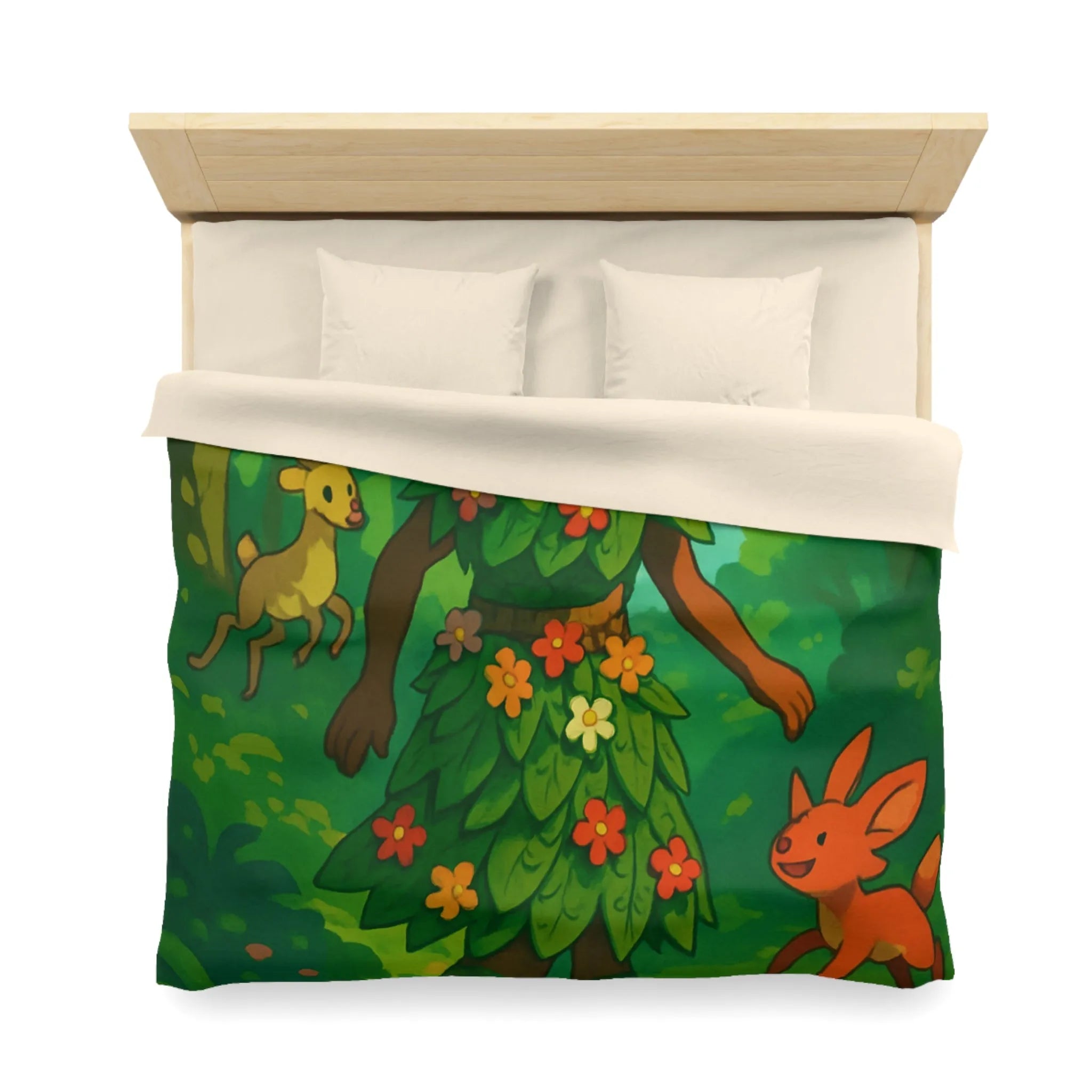 Housse de couette forêt enchantée avec créatures et personnage naturel aux couleurs vibrantes