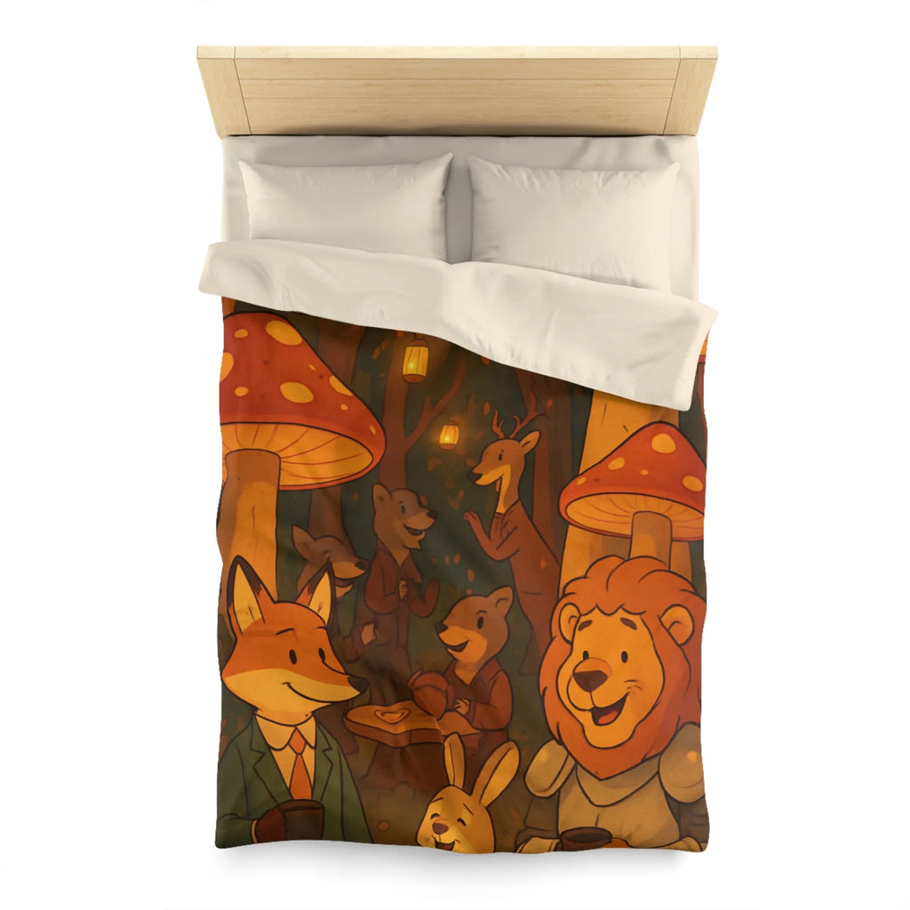Housse de couette enchantée avec animaux sous champignons géants dans une forêt magique