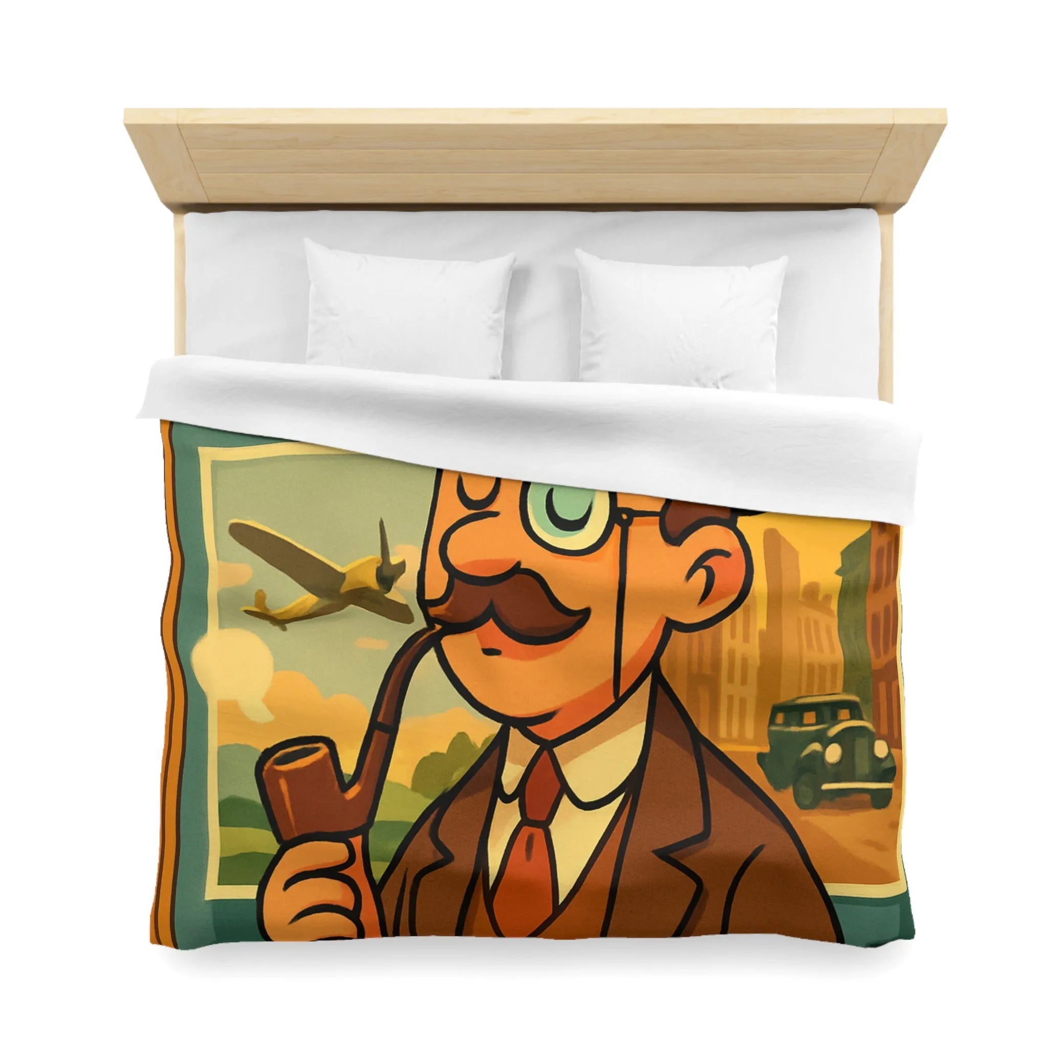 Élégant Gentleman Vintage avec Moustache et Monocle devant Affiches de Voiture et Avion