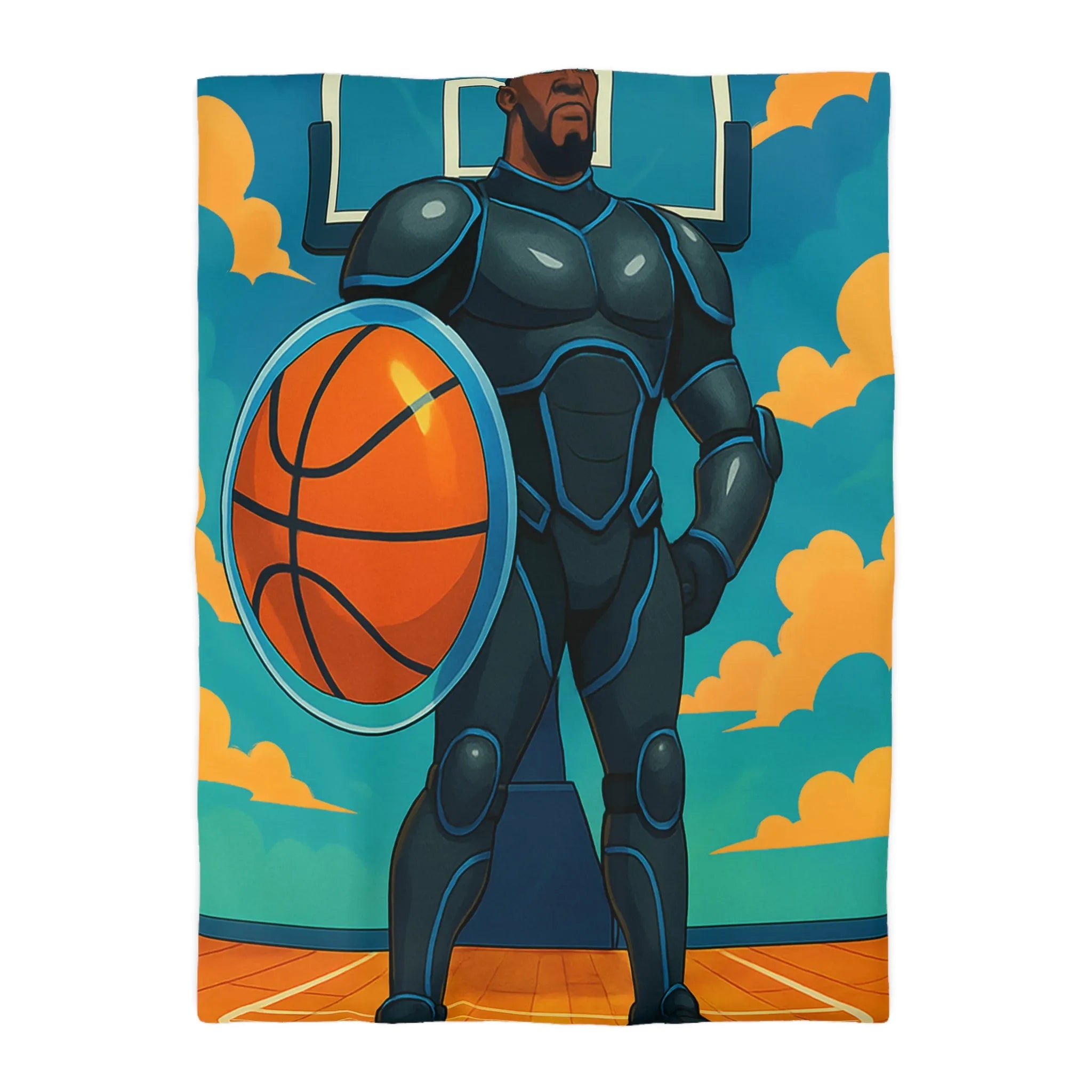 Housse de couette avec illustration d'un joueur de basket héroïque sous un ciel vibrant