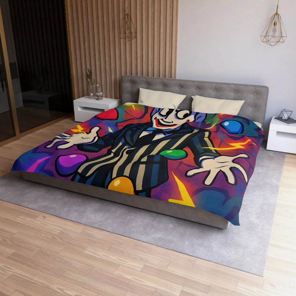 Housse de couette clown rayé jonglant avec des éclairs et des formes colorées