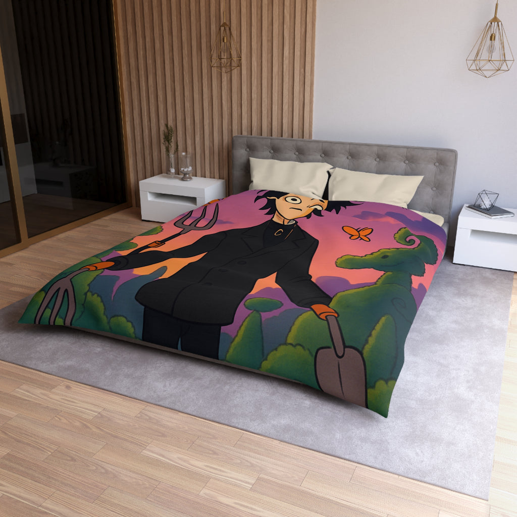 Housse de couette stylée avec personnage rêveur, jardin magique et papillons colorés