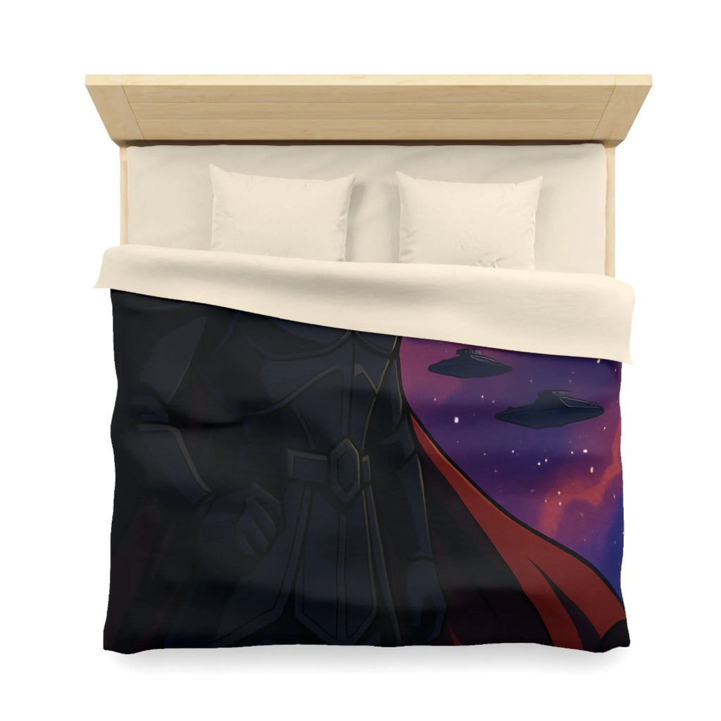 Housse de couette épique guerre galactique avec personnage en cape et vaisseaux spatiaux