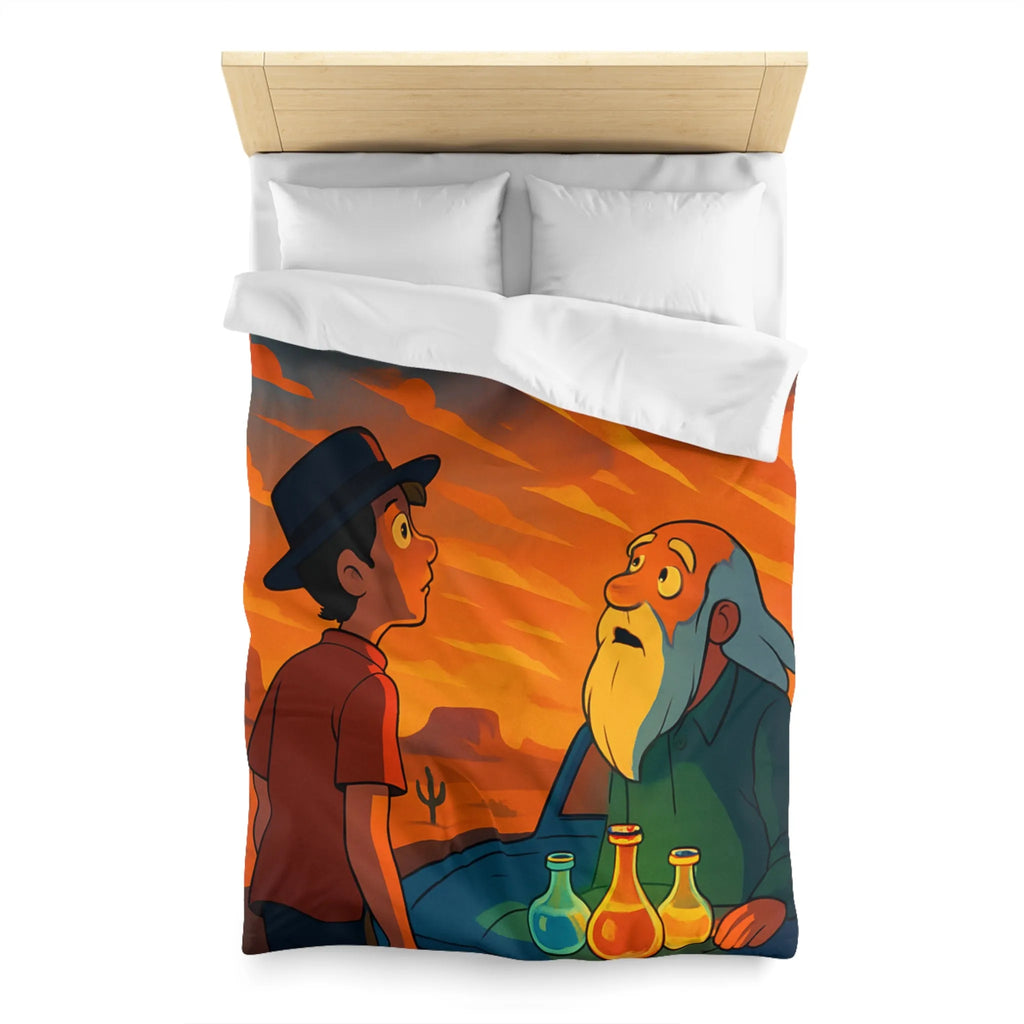 Housse de couette artistique coucher de soleil désertique avec flacons lumineux et personnages